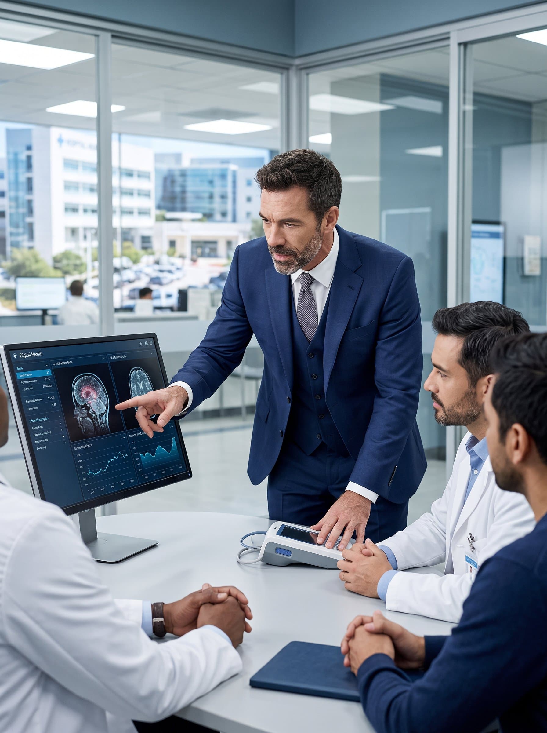 healthcare executive in a modern medical office, consulting with colleagues over digital health data, displaying expertise and care. Professional attire with hospital environment. Photorealistic.
