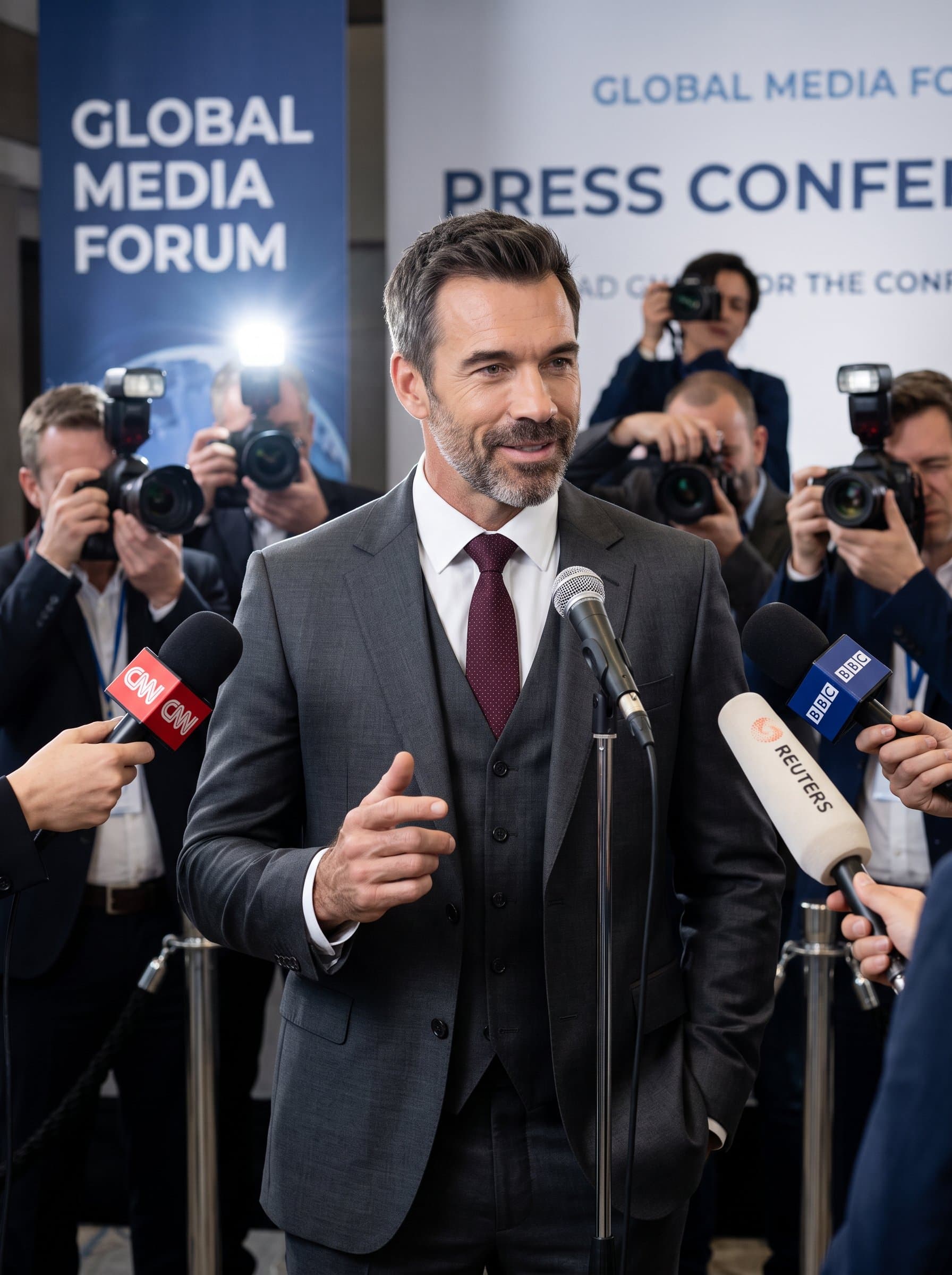 PR manager at a media event, fielding questions with poise and professionalism, wearing elegant business attire with press banners in the background. Photorealistic with energetic atmosphere.