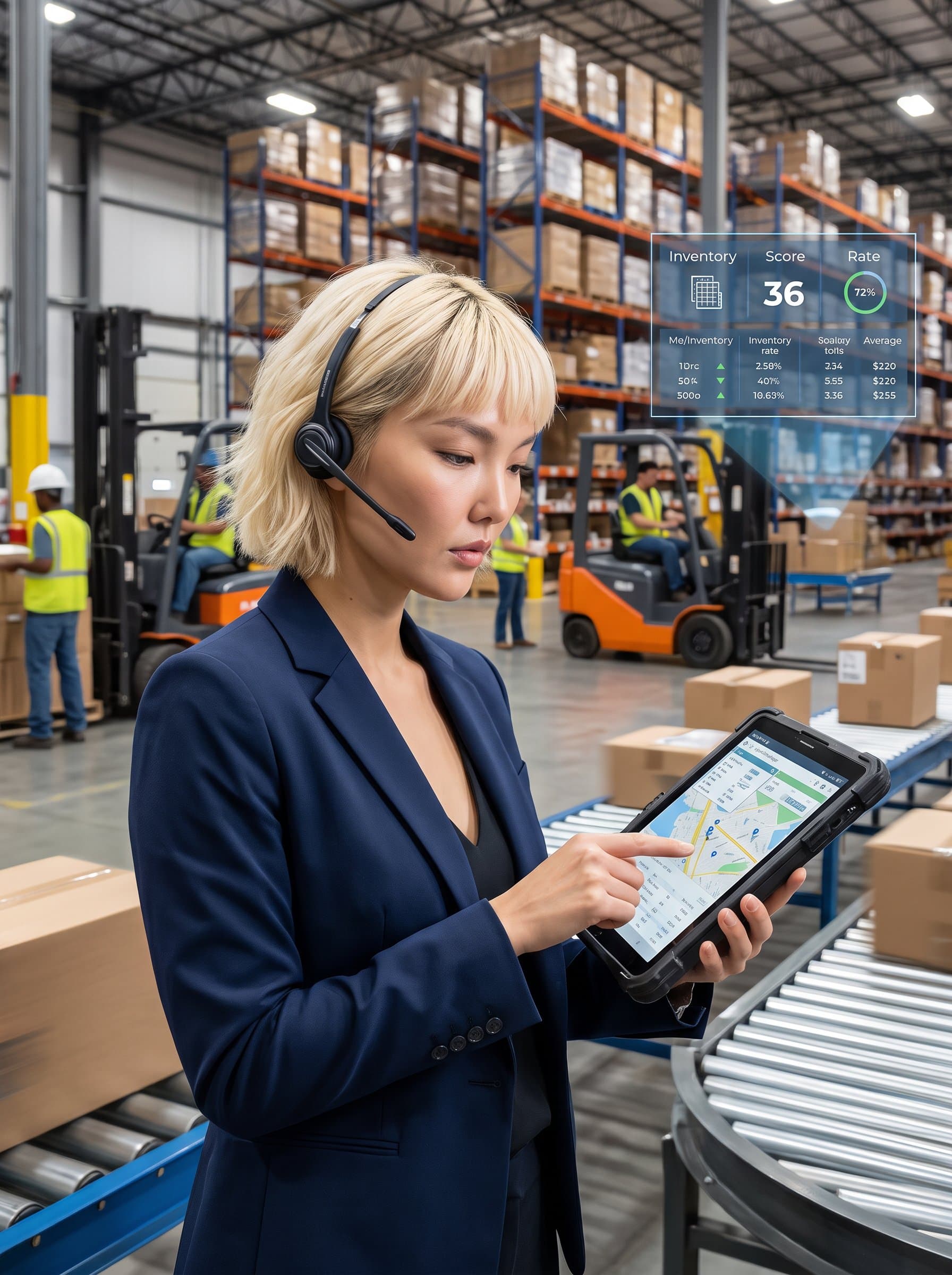 supply chain manager in a bustling warehouse, coordinating logistics with a tablet in hand, wearing a practical blazer and headset. Photorealistic with dynamic elements and crisp detail.