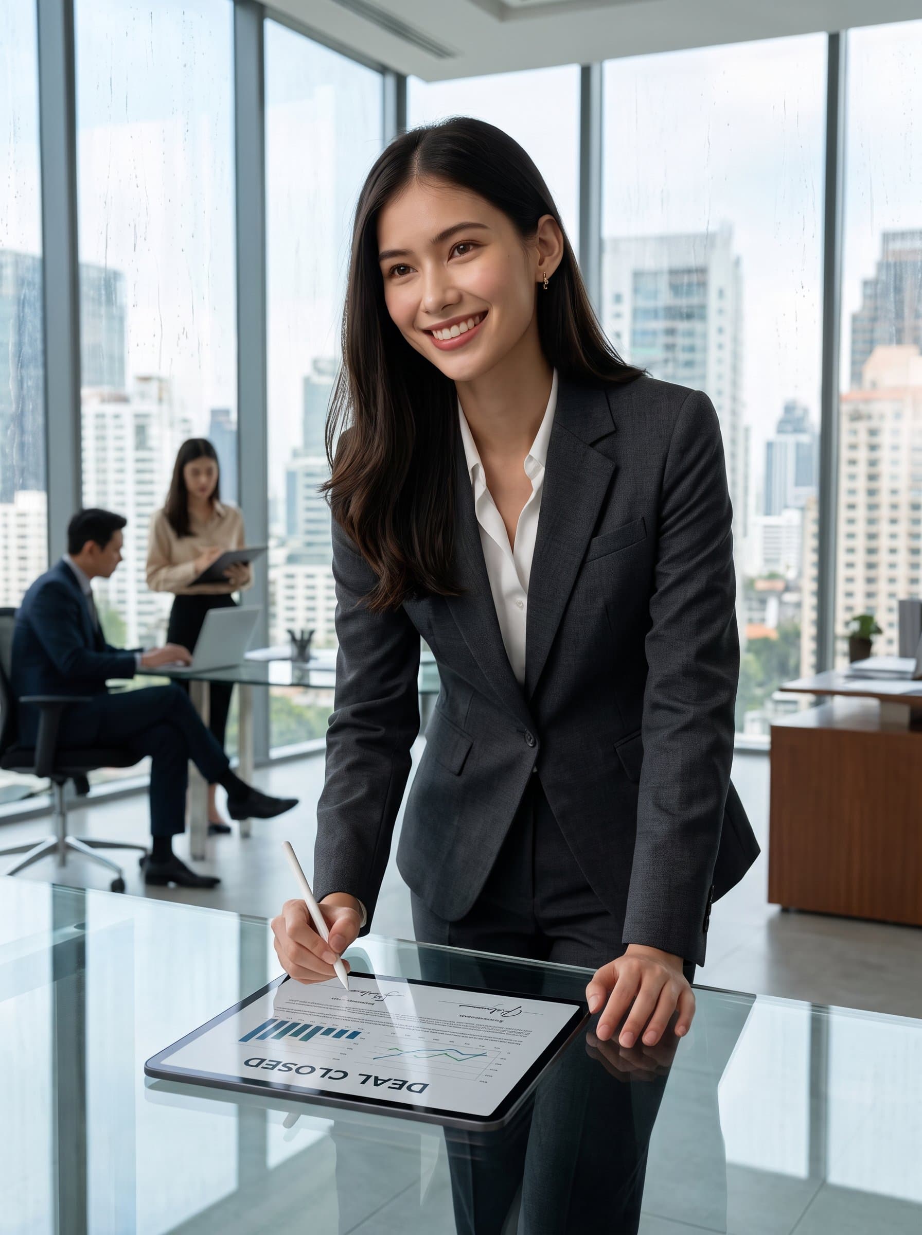 sales director in a high-rise office, confidently closing a deal over a digital platform, wearing a sleek suit with a bright city background. Photorealistic with sharp focus and detail.