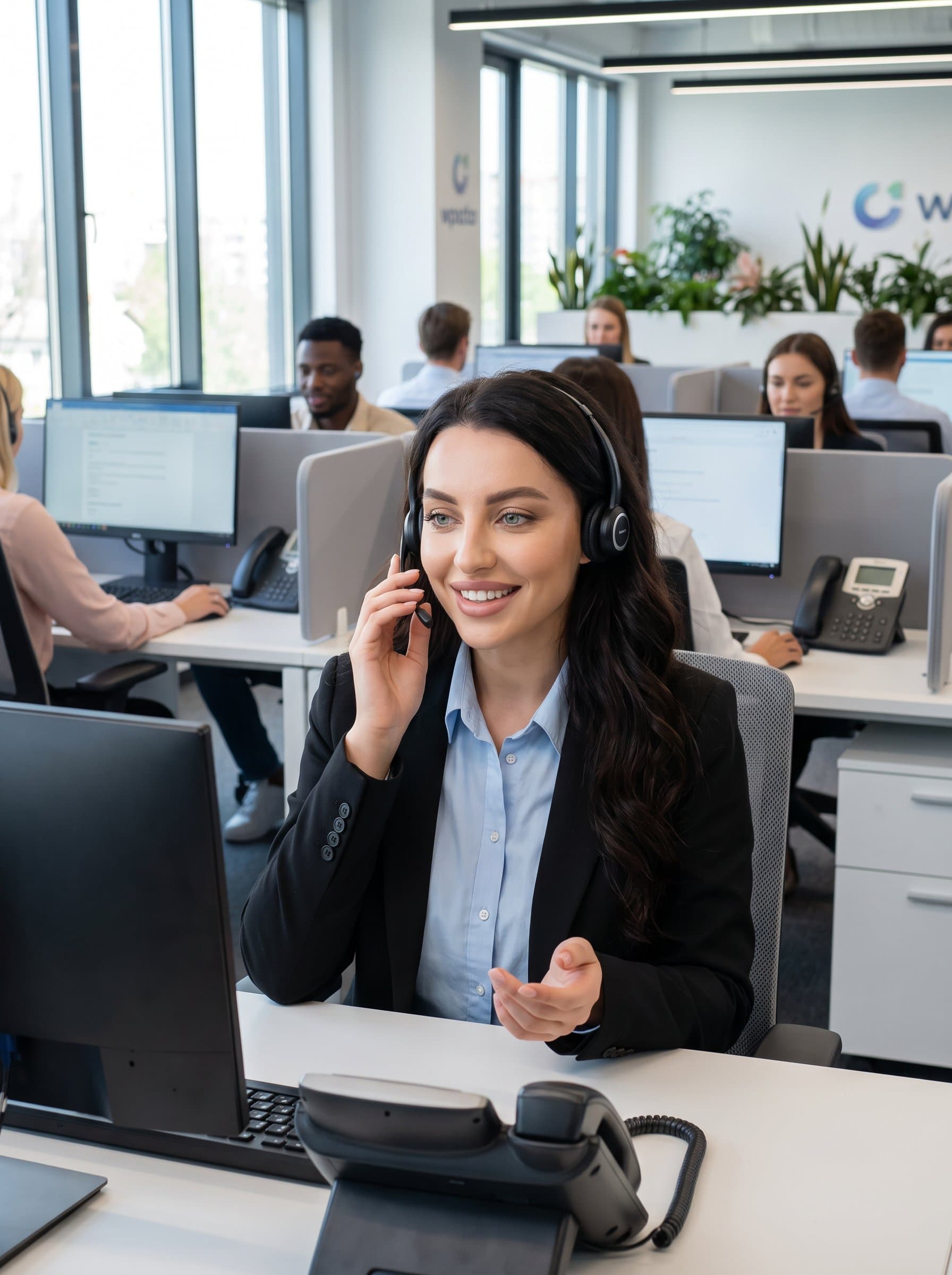 customer service expert in a vibrant call center, engaging with clients over a headset, showcasing empathy and communication skills. Casual business attire. Photorealistic with bright lighting.