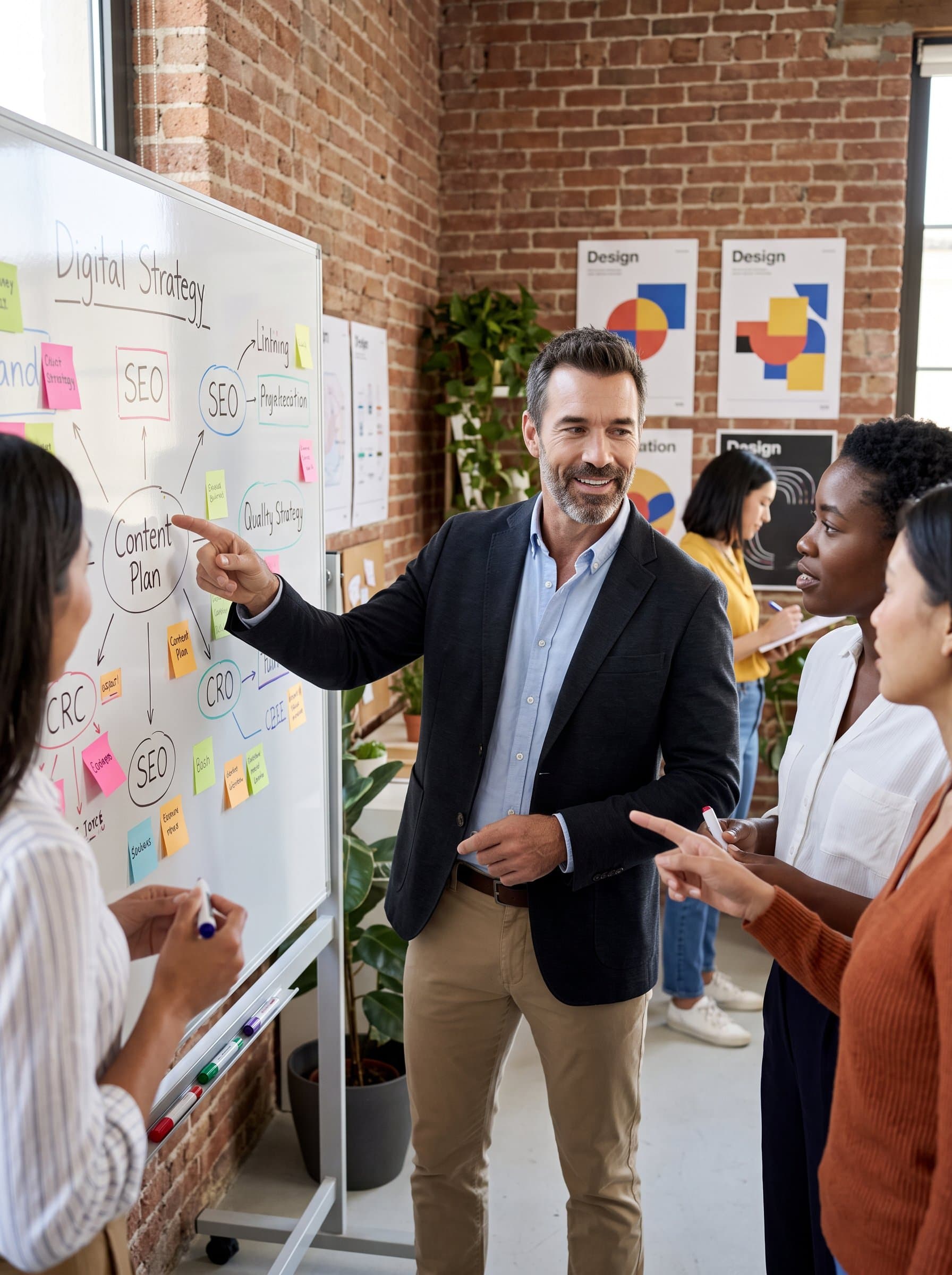 digital marketing guru in a creative studio, brainstorming with a team over a whiteboard filled with colorful ideas, showcasing creativity and strategy. Casual professional attire. Photorealistic.