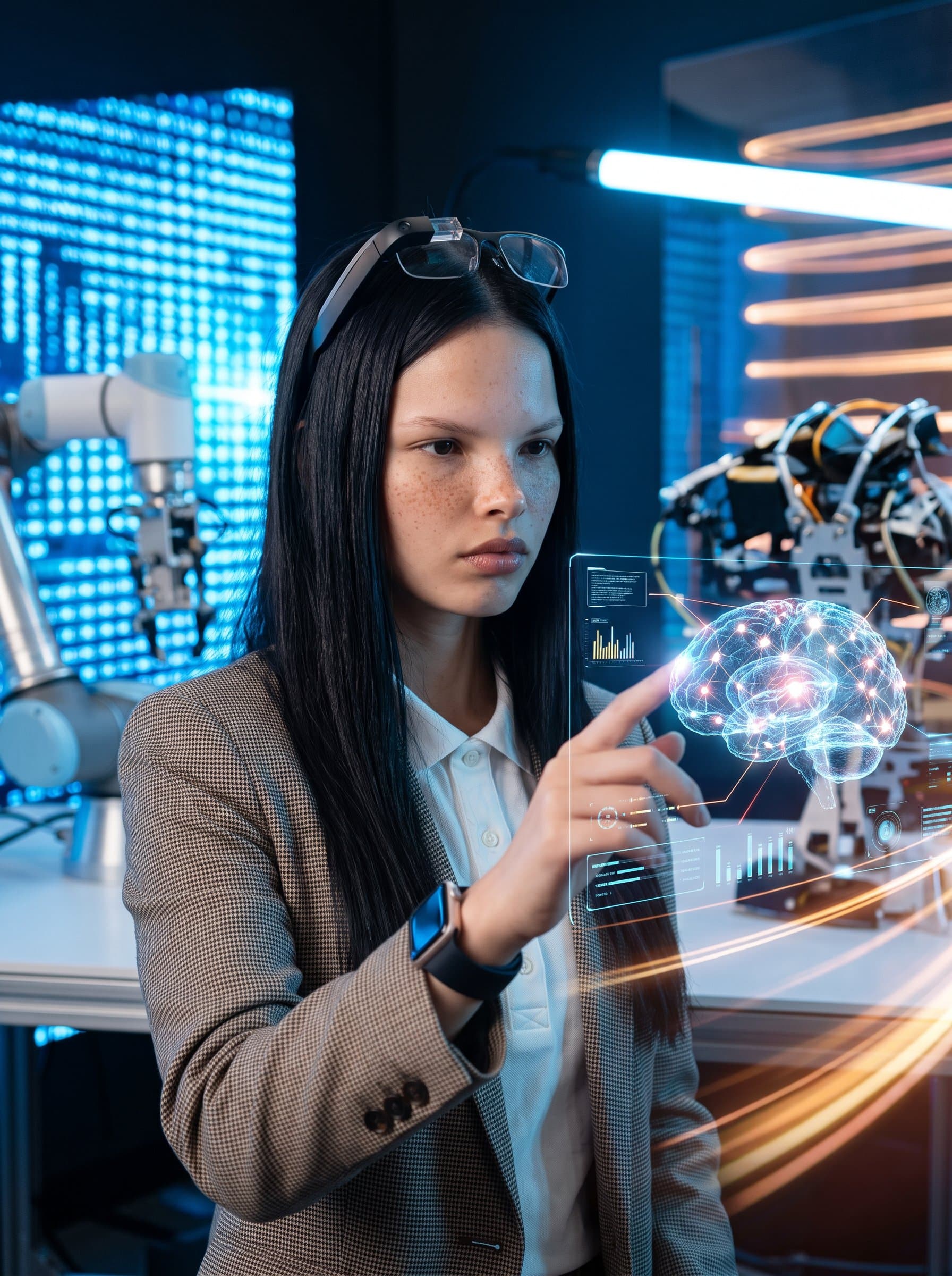 AI developer in a futuristic lab, interacting with advanced AI prototypes, wearing a smart-casual outfit with tech accessories. Photorealistic with innovative visuals and dynamic lighting.