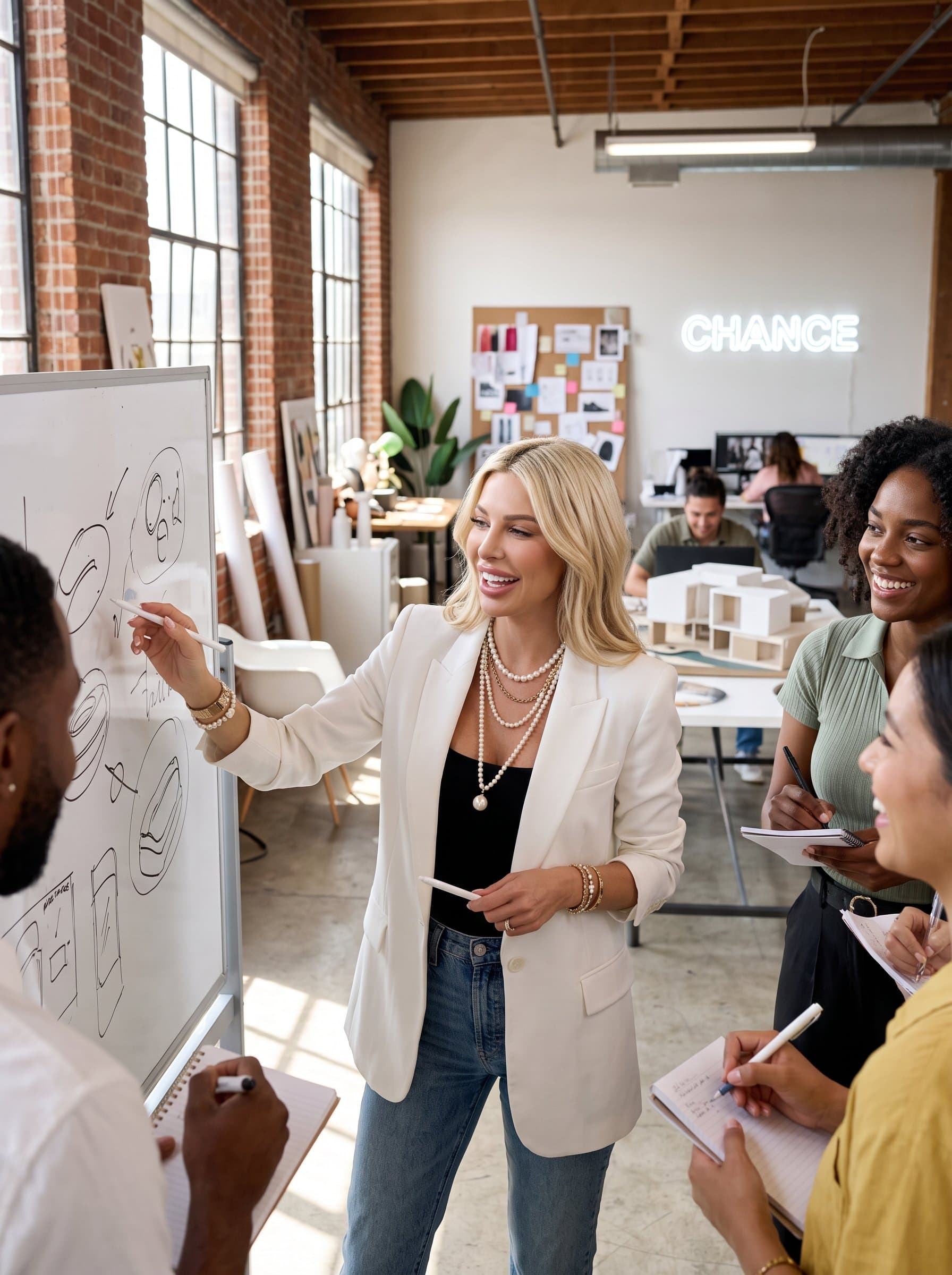 startup founder in a trendy loft workspace, surrounded by creative materials and a dynamic team, displaying innovation and leadership. Casual yet professional attire. Photorealistic with a lively atmosphere.