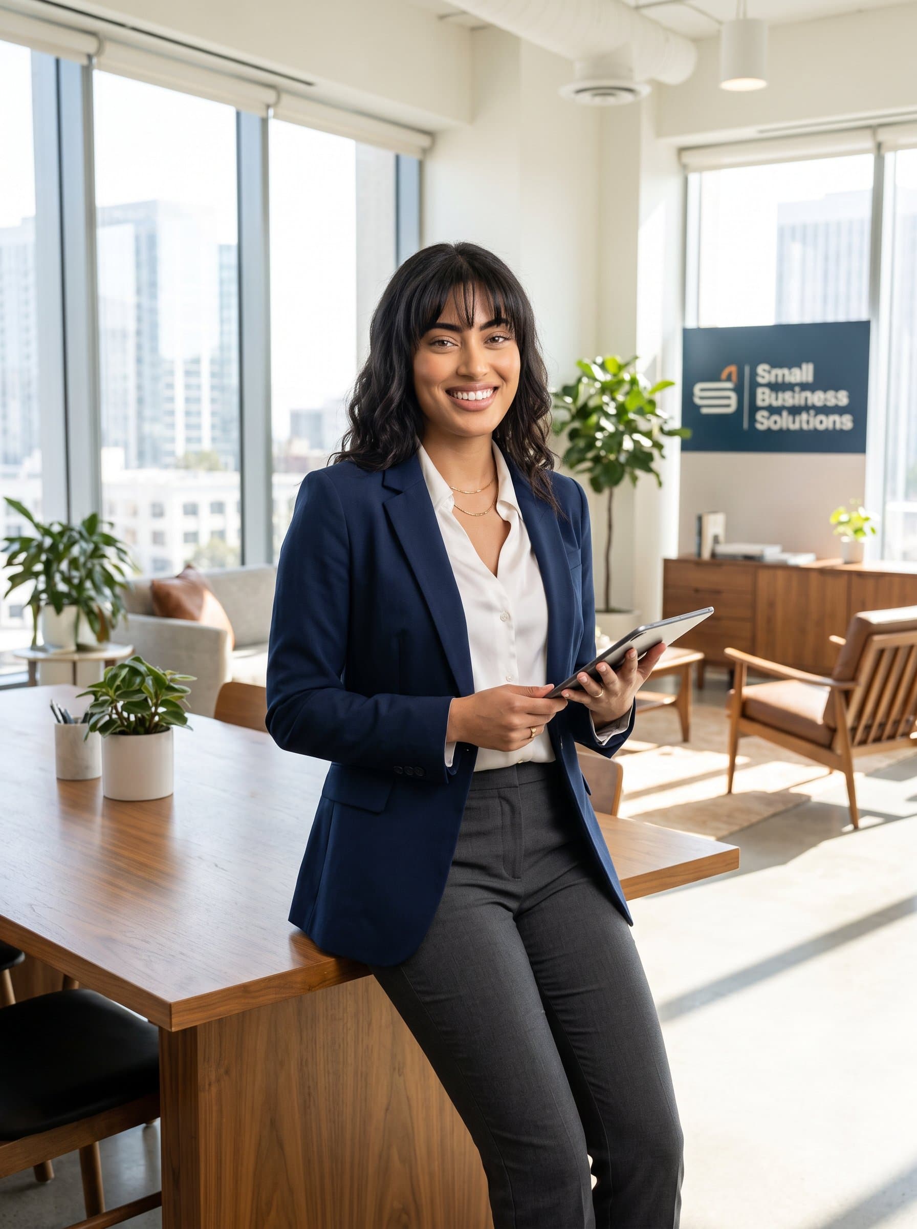 capturing a confident entrepreneur in a modern-themed office, with natural lighting and elegant decor, wearing business casual attire, conveying approachability and professionalism, perfect for a small business owner.