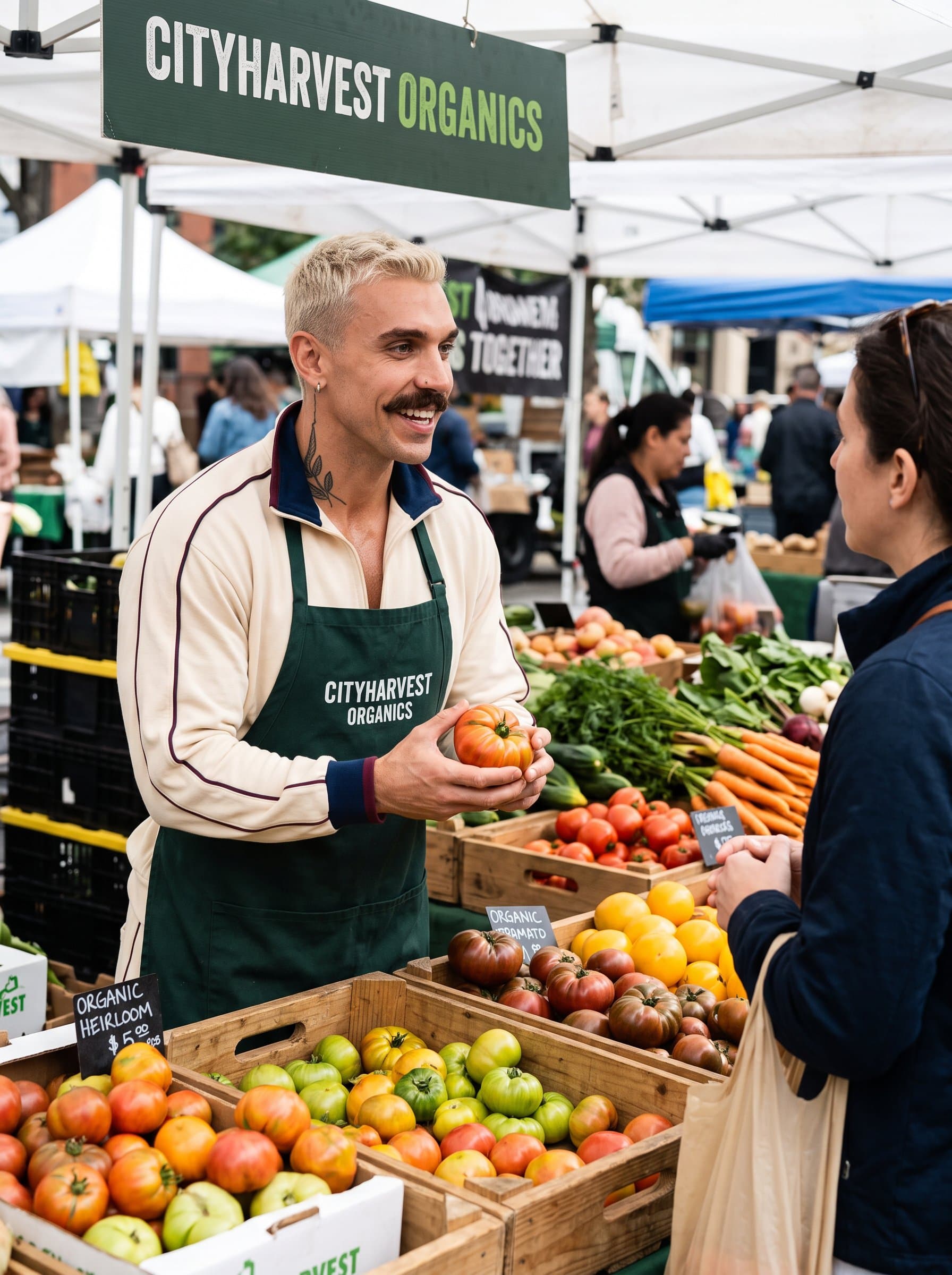 Set against a backdrop of a bustling farmers market, features a passionate organic produce vendor. The colorful, fresh produce around them underscores the themes of freshness and community, ideal for a small agribusiness.