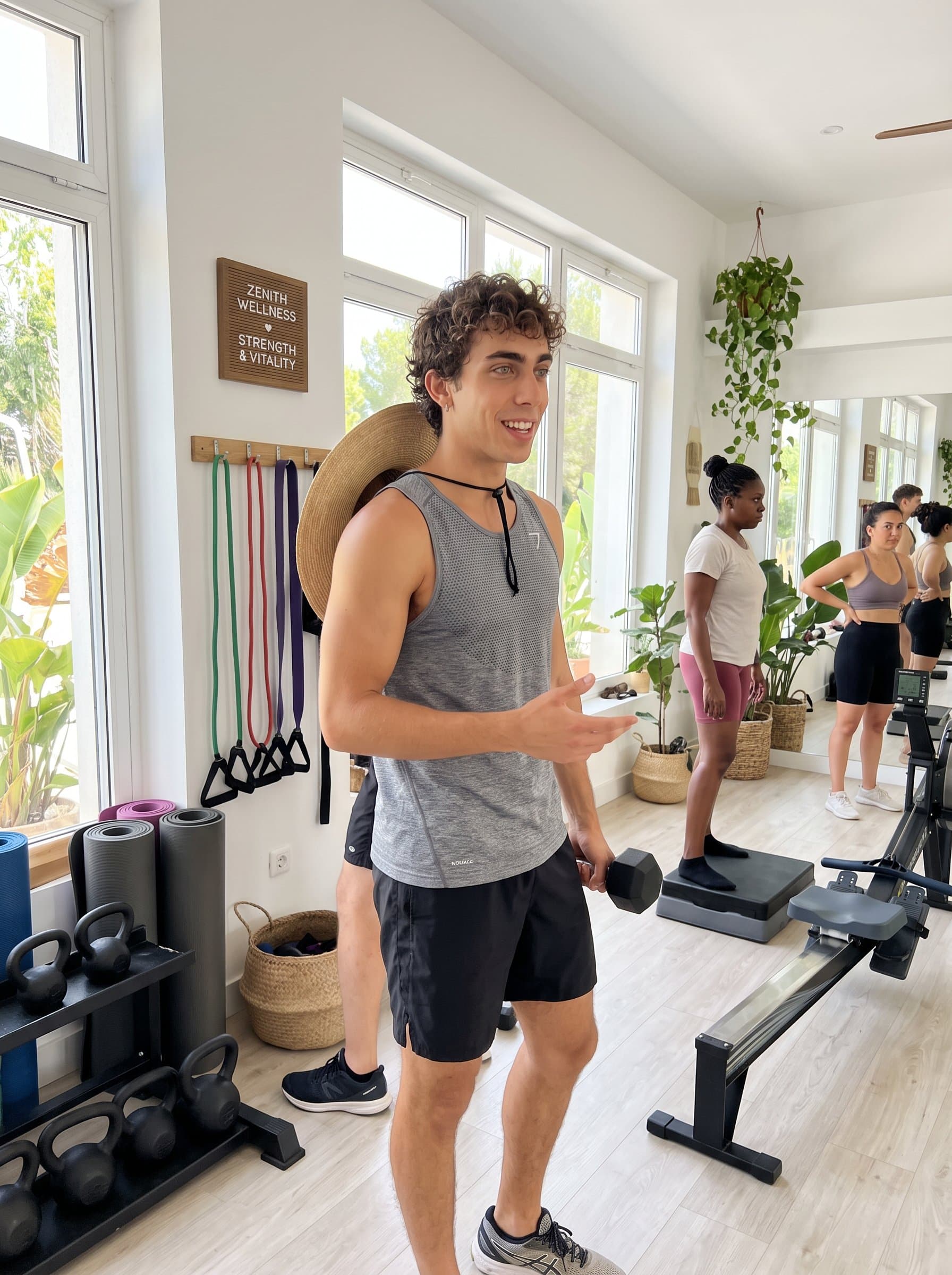 illustrates a fitness instructor in a bright, airy studio. With exercise equipment in the background, the image communicates vitality and health-consciousness, suitable for a small wellness or fitness business.