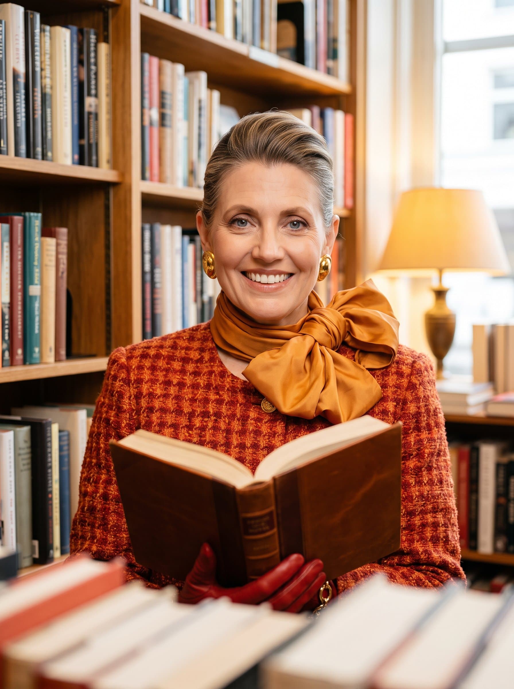Set in a cozy bookstore, features a literary enthusiast surrounded by shelves brimming with books. A warm smile and literary charm make this headshot suitable for a small bookshop or publishing business.