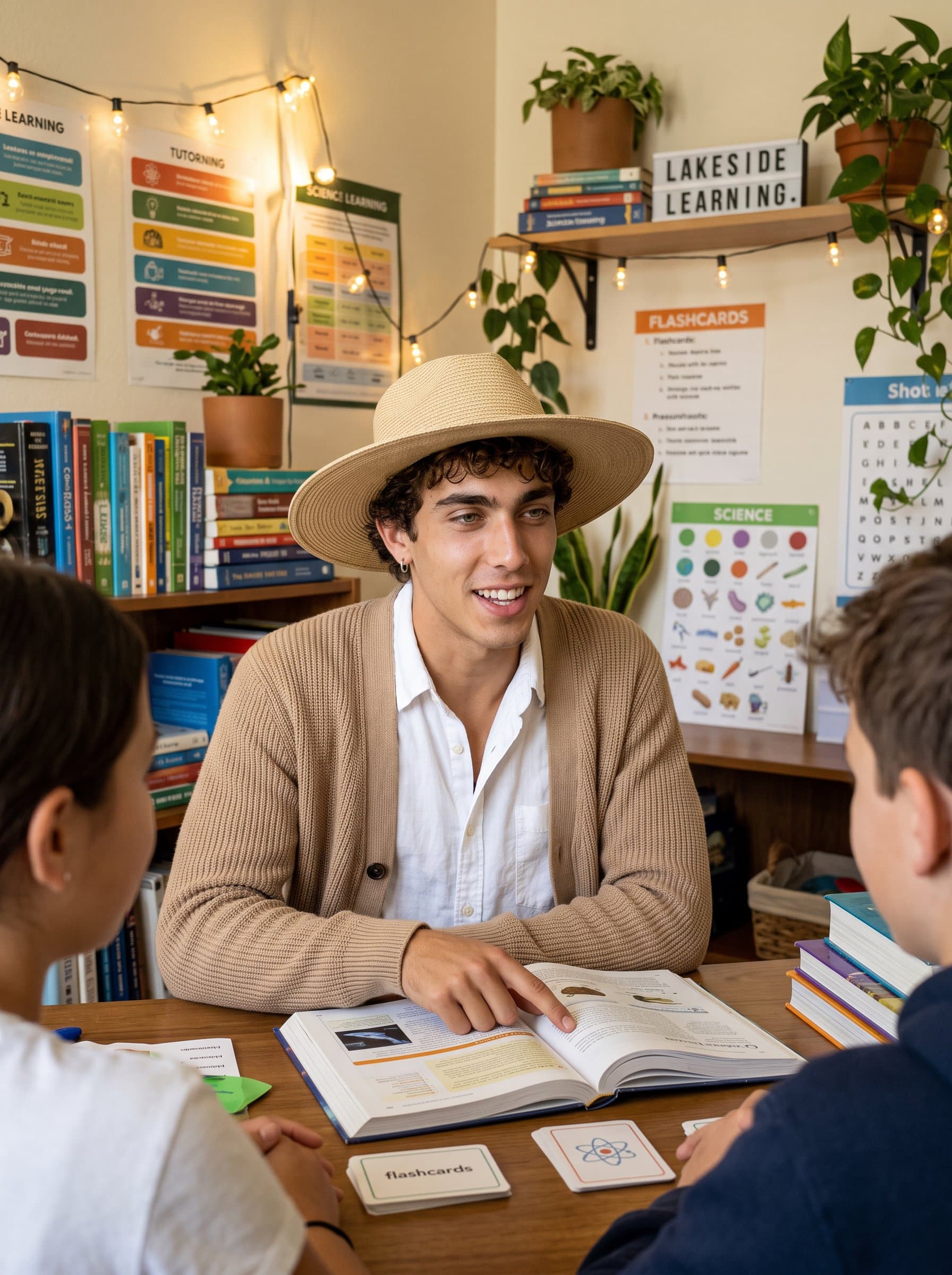 shows a dedicated educator in a cozy learning space, with books and teaching materials around. The atmosphere exudes warmth and knowledge, suitable for a small tutoring or educational services business.