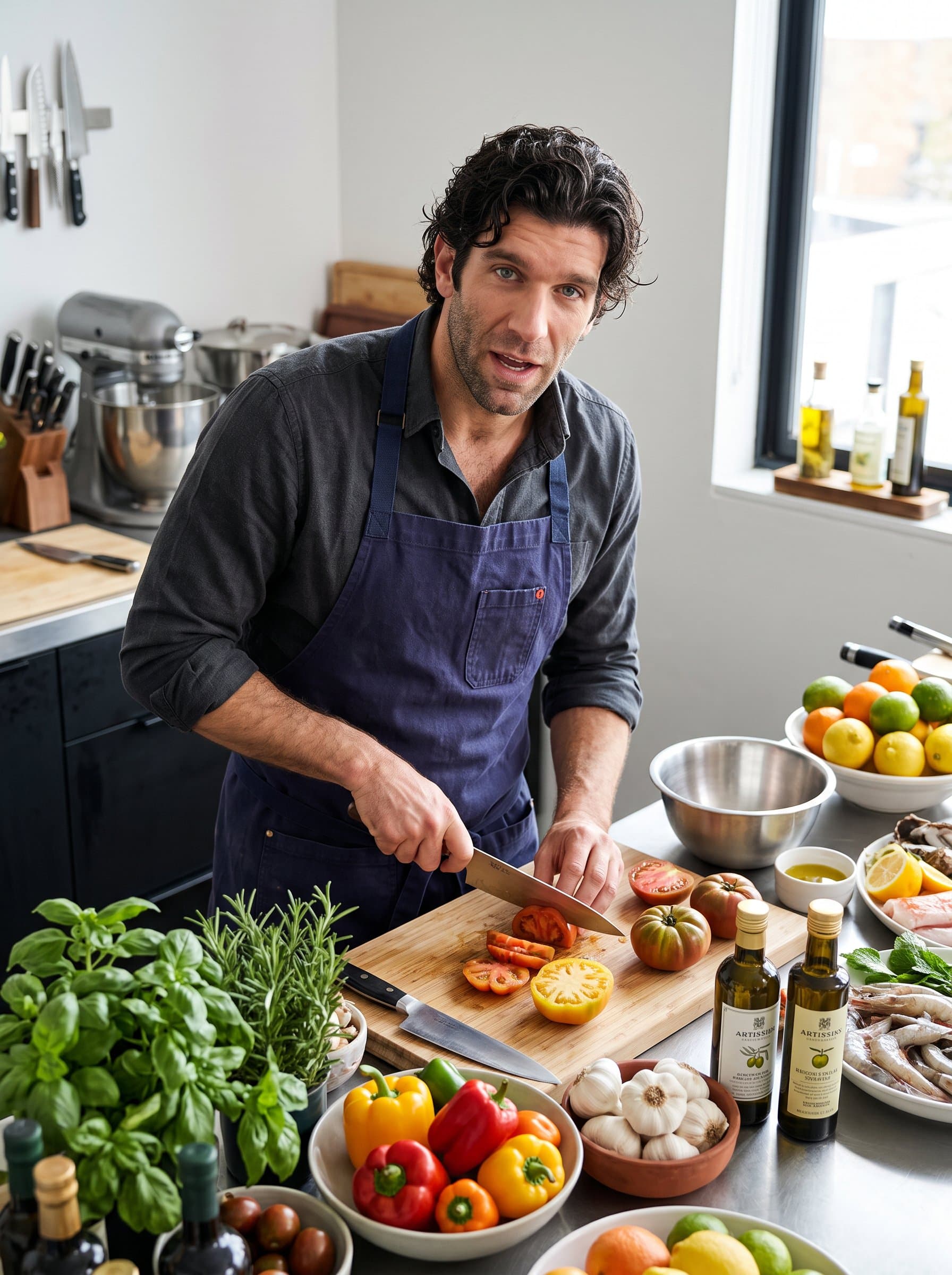 showcases a culinary expert in a contemporary kitchen. The vibrant array of fresh ingredients and culinary tools around them speaks to passion and creativity, perfect for a small food or catering business.