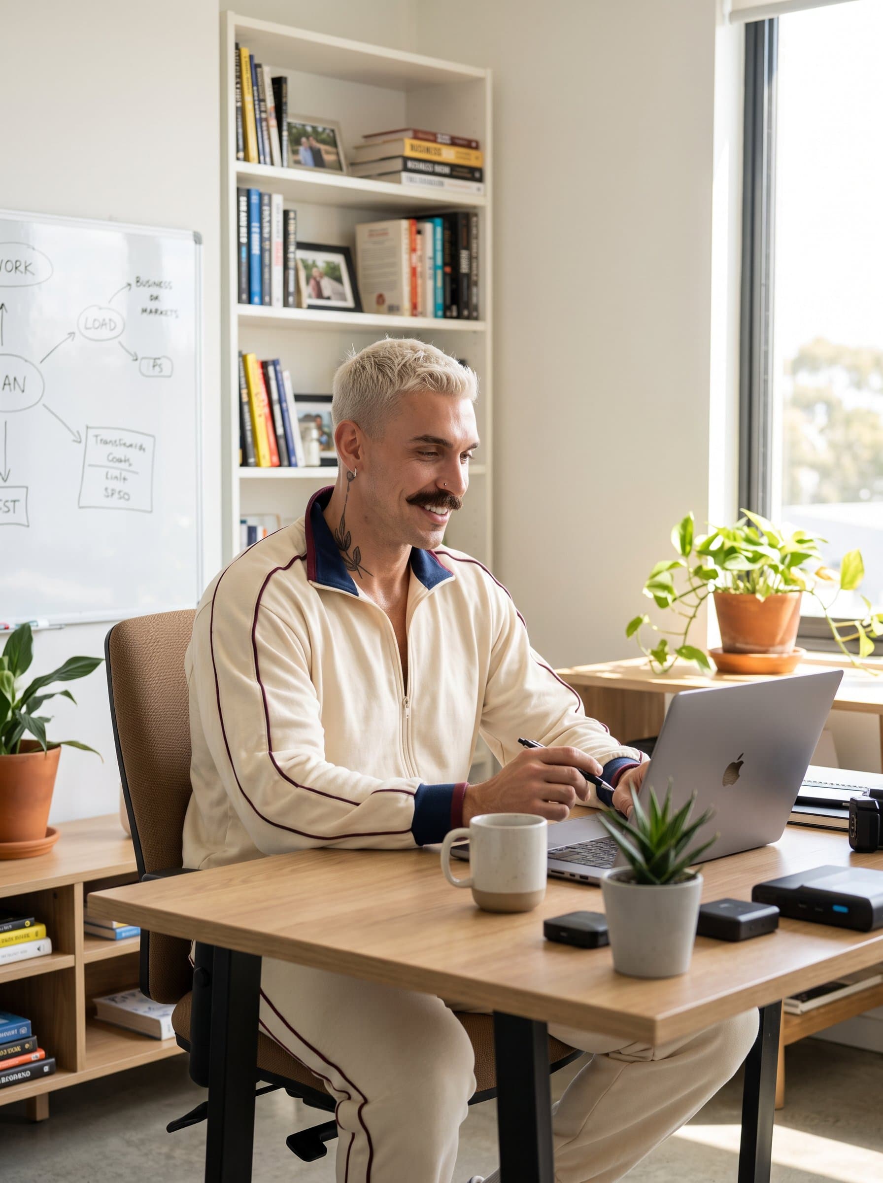 In a home office, portrays a remote worker in a casual yet professional environment. The setting reflects the balance of comfort and professionalism, ideal for any small business embracing flexible work styles.