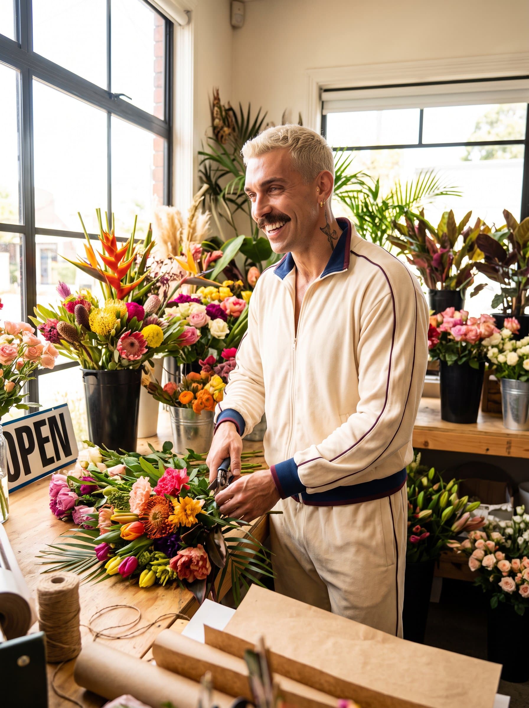 presents an artistic florist in a bright, colorful flower shop. The surrounding blooms and arrangements convey creativity and attention to detail, perfect for a small floral business.