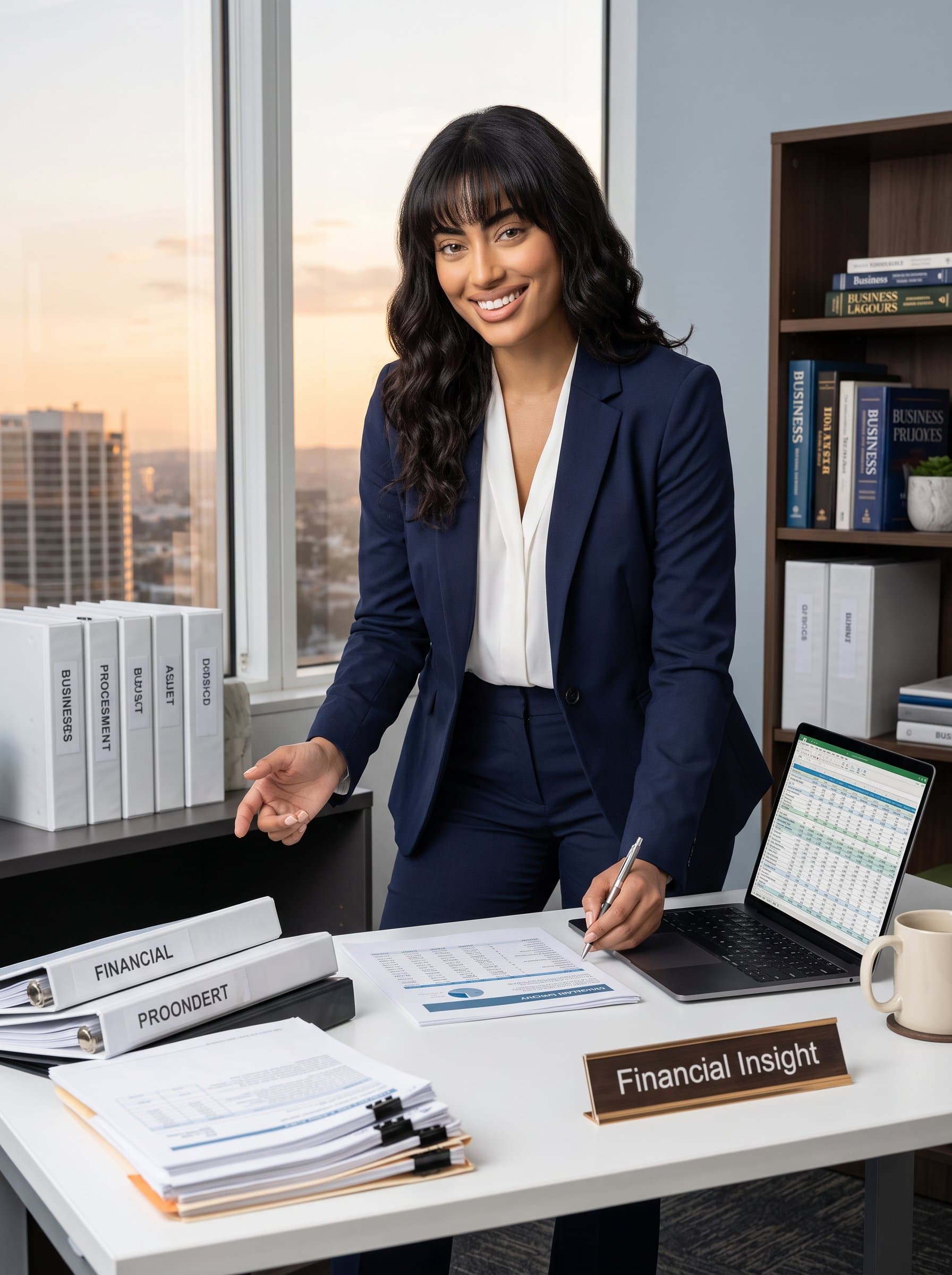 features a small business advisor in a polished, modern office. Surrounded by financial documents and a laptop, the scene conveys expertise and financial insight, tailored for a small consulting firm.
