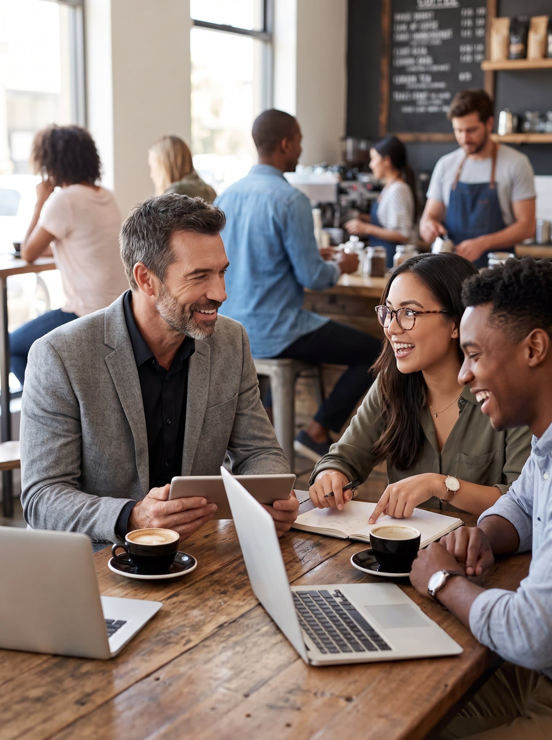 In a bustling coffee shop, features a friendly team leader interacting with colleagues. The ambiance is casual yet professional, capturing the essence of collaboration and creativity in a small business setting.