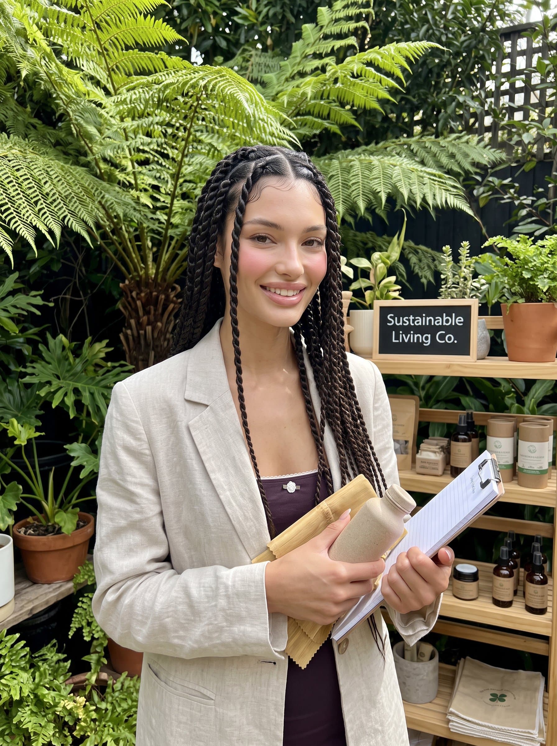Against a backdrop of lush greenery, shows an eco-conscious businessperson. With sustainable materials in hand, this image captures the essence of sustainability and environmental responsibility in small business.