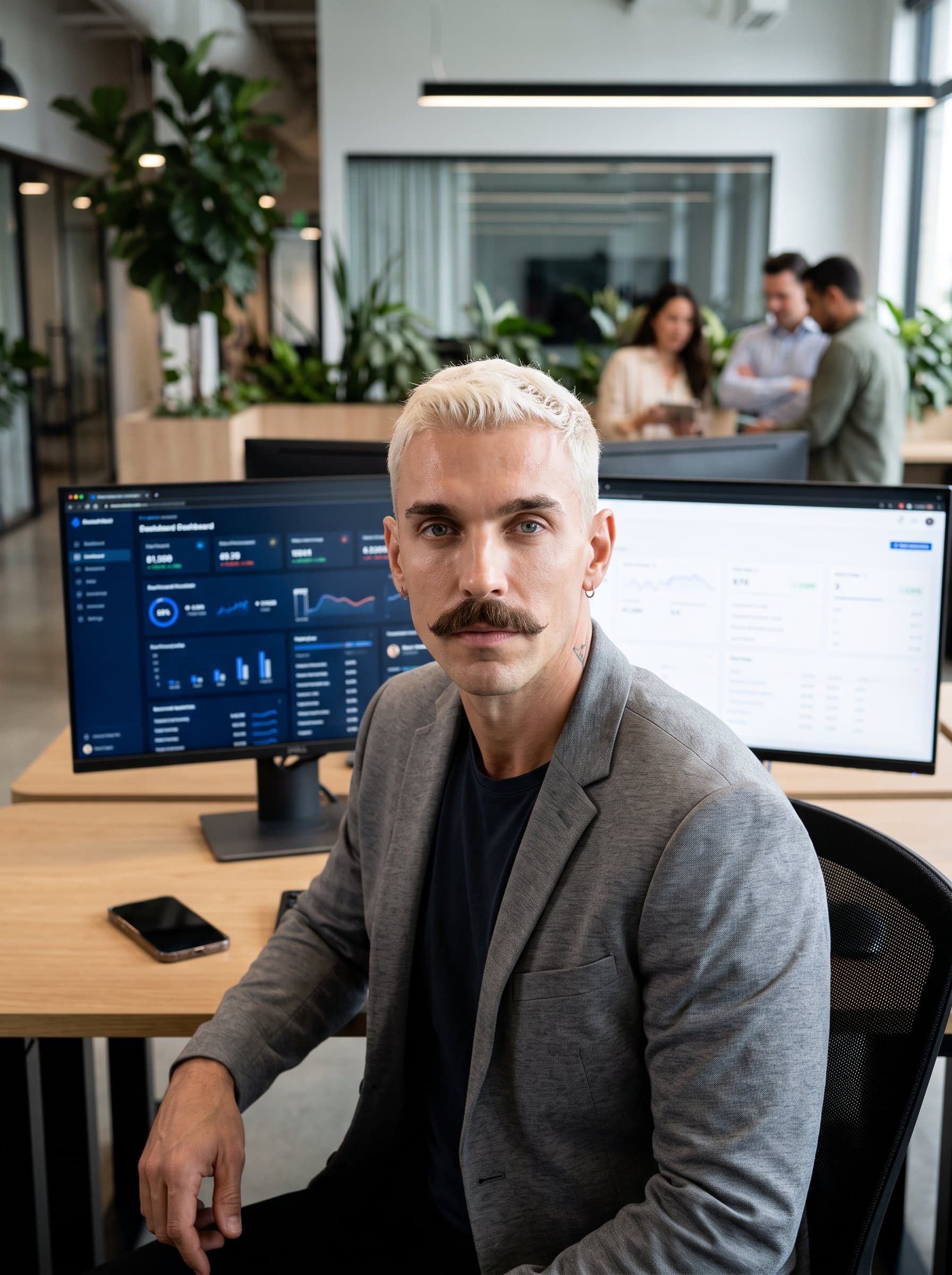 highlights a tech-savvy professional in a sleek, minimalist workspace. Surrounded by digital gadgets and screens, this modern headshot embodies innovation and forward-thinking, perfect for a small tech startup.