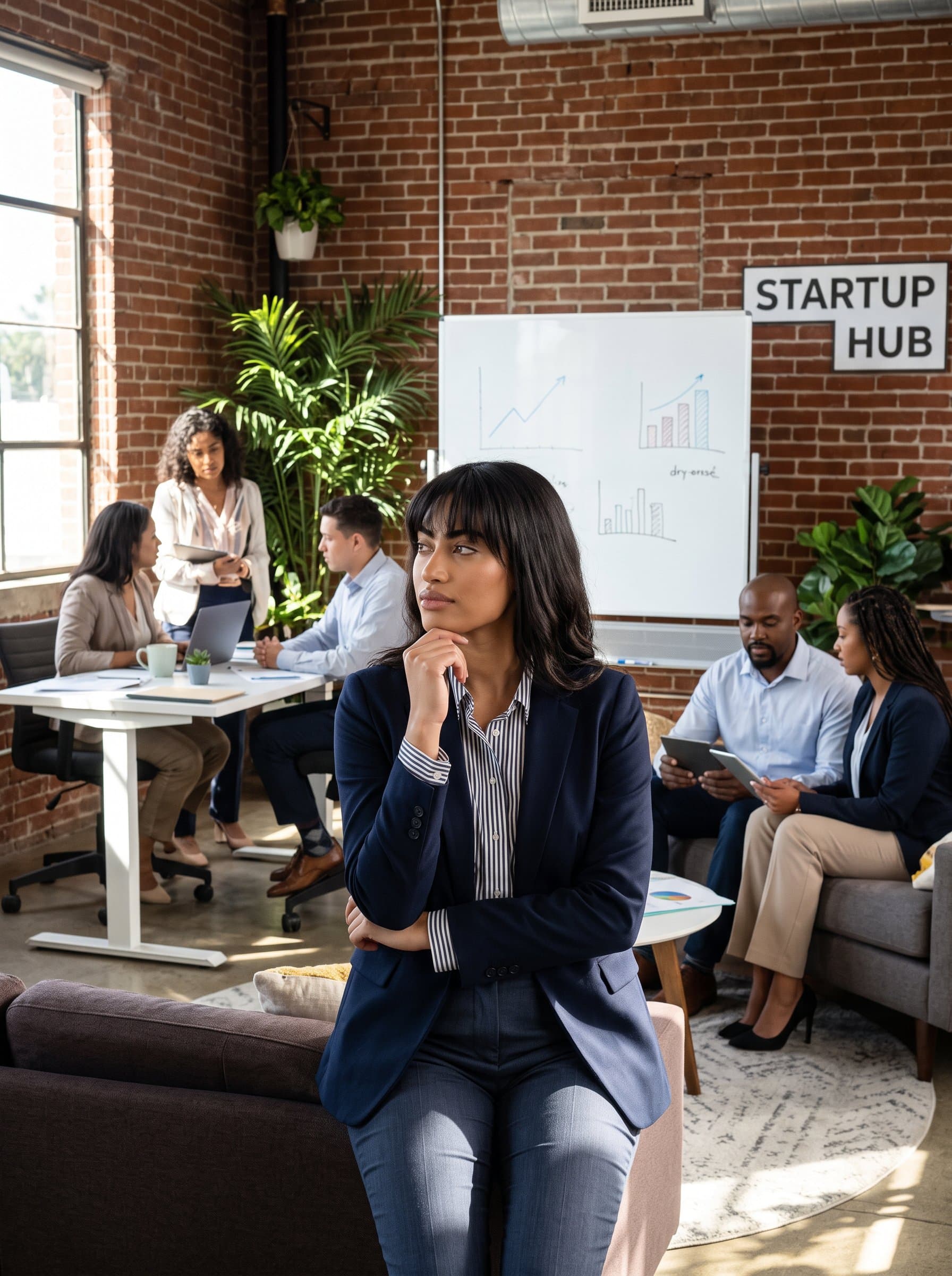 In a stylish co-working space, captures a dynamic consultant in a moment of thoughtful contemplation. This setting exudes a sense of collaboration and modern entrepreneurship, ideal for any small consultancy.