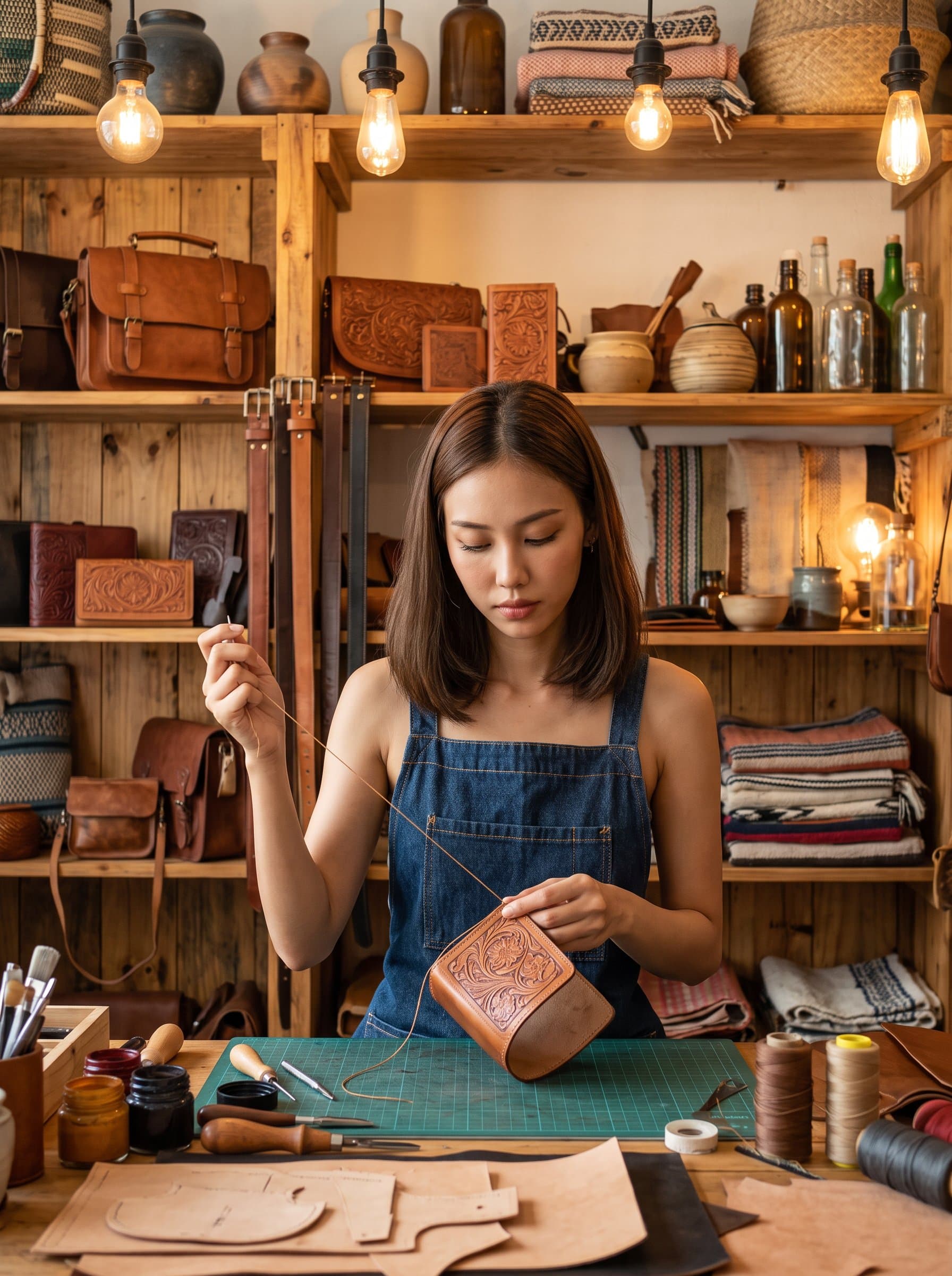 portrays a detail-oriented artisan in a vibrant workshop. Rustic wooden shelves filled with handmade goods create a warm and inviting atmosphere, ideal for a small craft business or boutique entrepreneur.