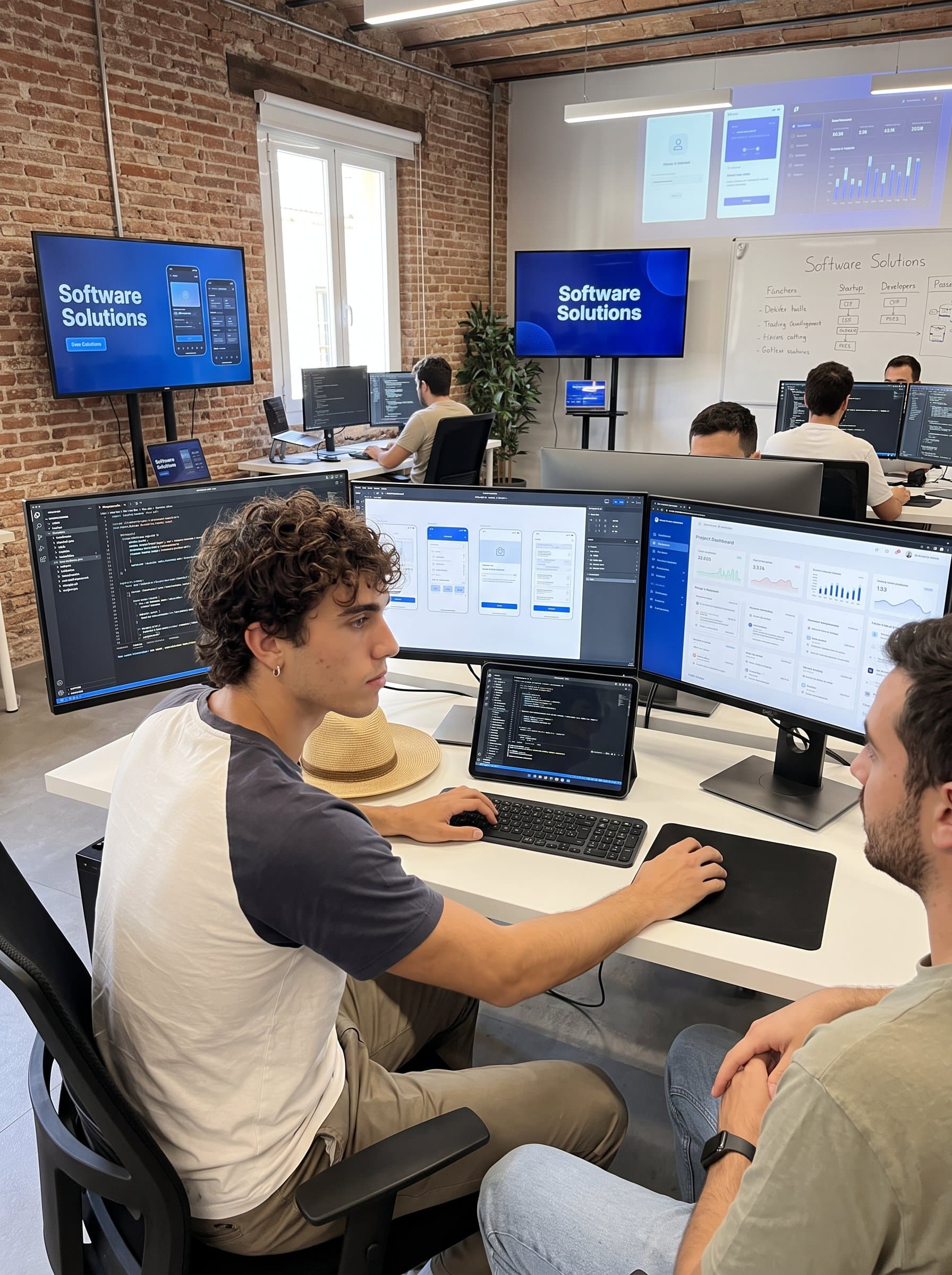 illustrates an innovative app developer in a trendy tech hub. The scene is filled with computers and digital interfaces, reflecting a forward-thinking approach, perfect for a small software development firm.
