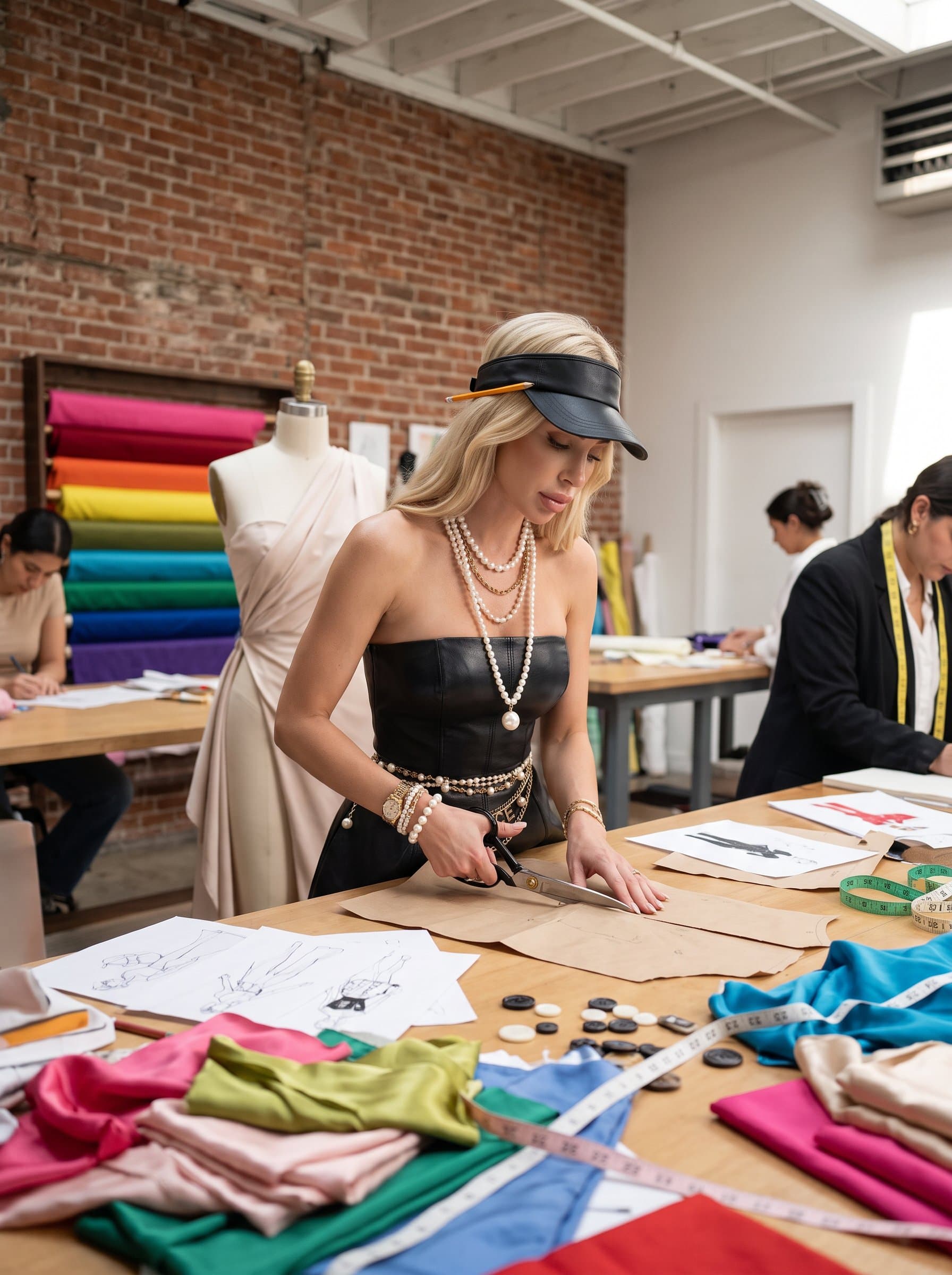depicts a fashion-forward designer in a chic studio, surrounded by sketches and vibrant fabrics. The setting is trendy yet professional, perfect for a small fashion or design venture.