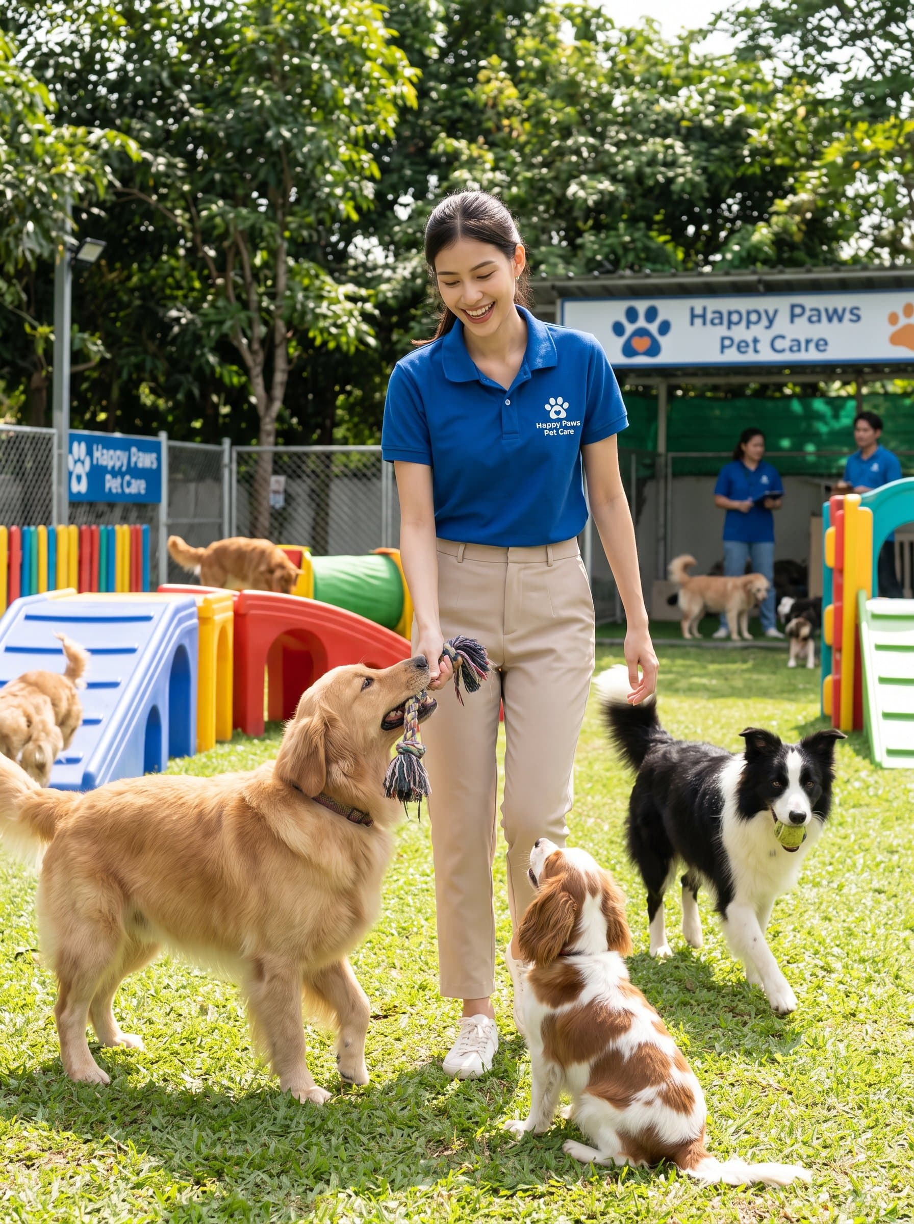 highlights a pet care expert in a lively setting with playful animals around. The joyful atmosphere captures a love for animals, suitable for a small pet services or animal care business.