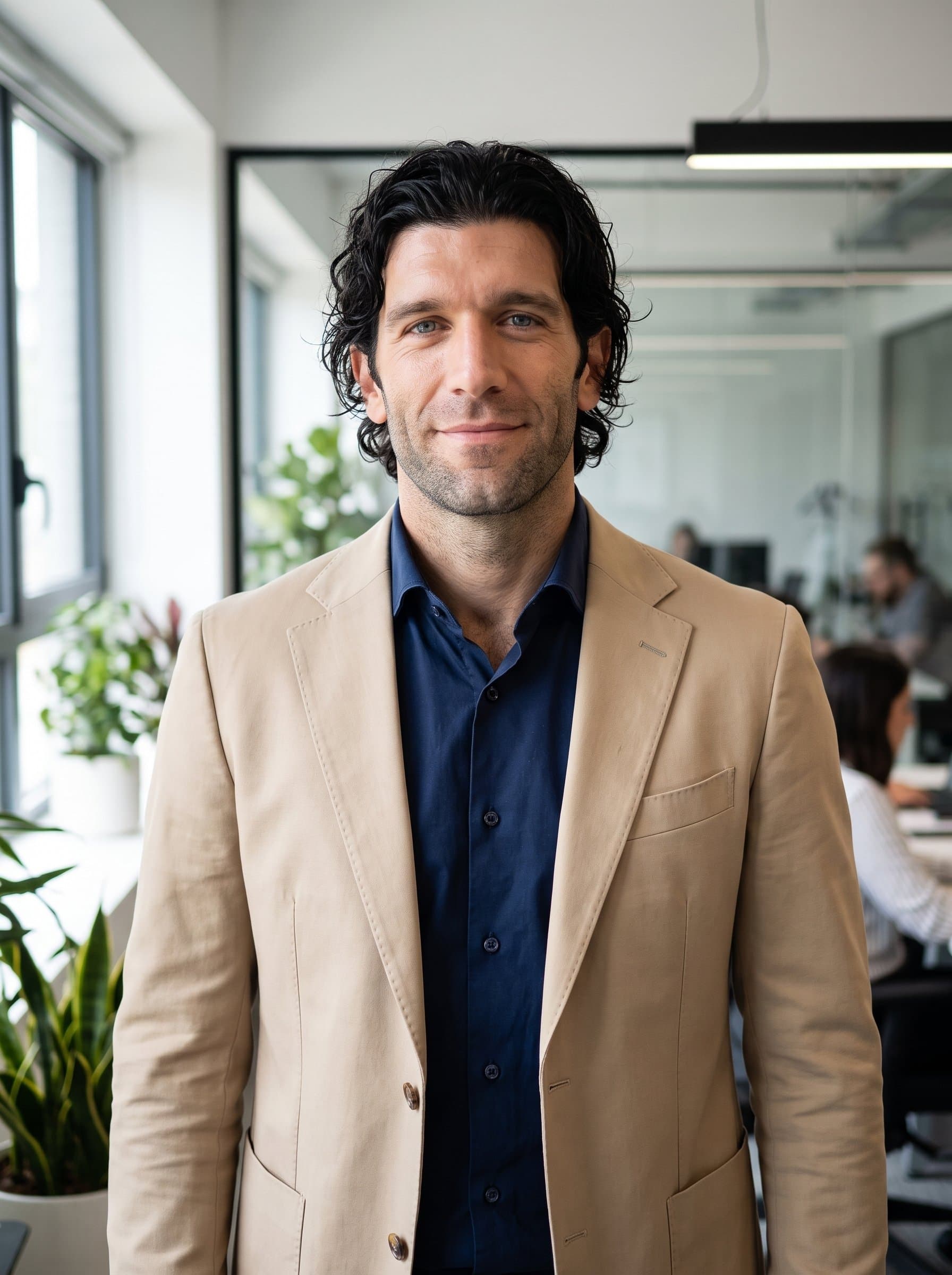 Depict a wearing a stylish beige blazer, with a subtle smile, against a softly blurred office environment for modern branding.