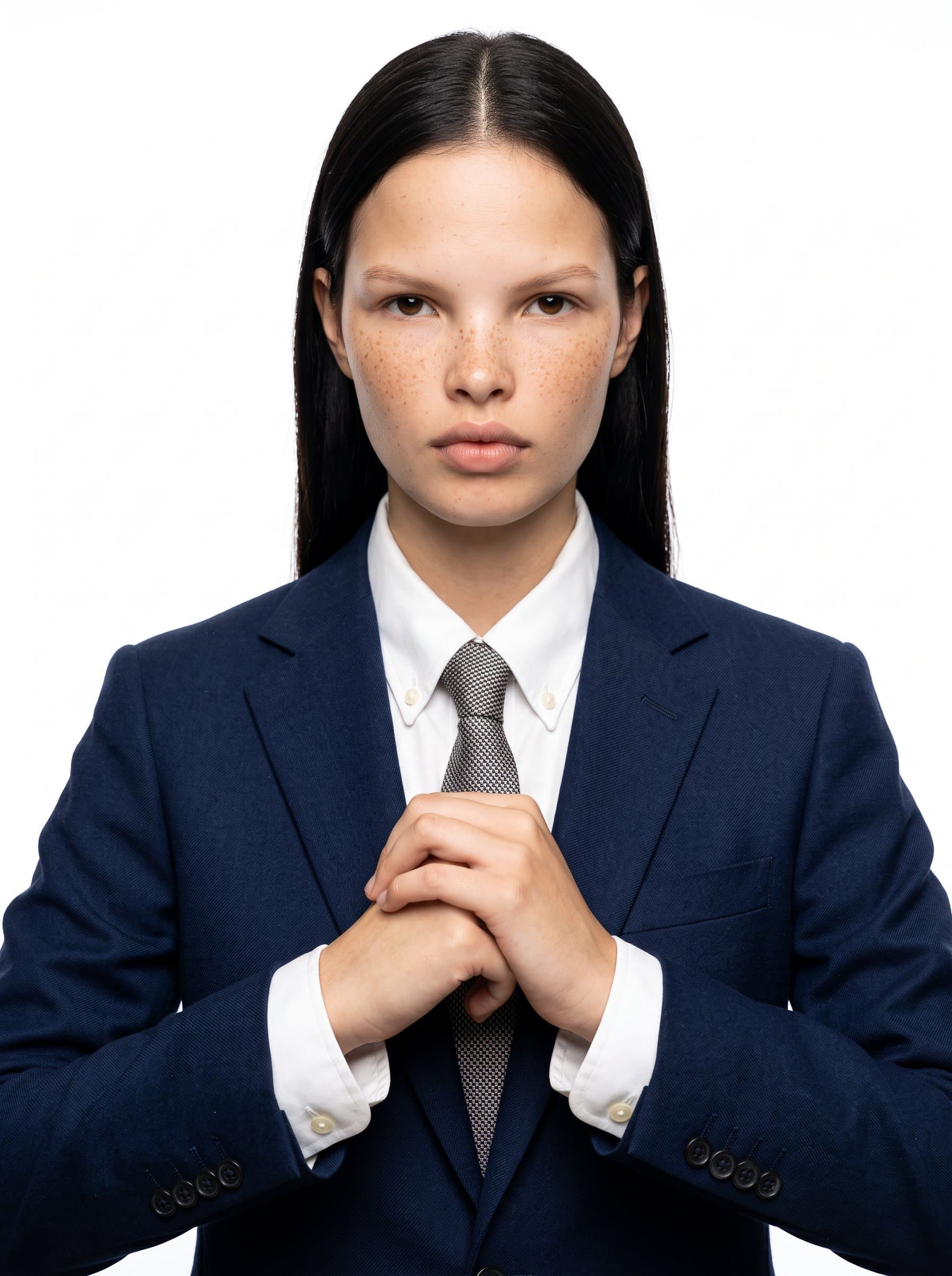 Feature a against a solid white background, wearing a sharp navy suit, to highlight focus and leadership.