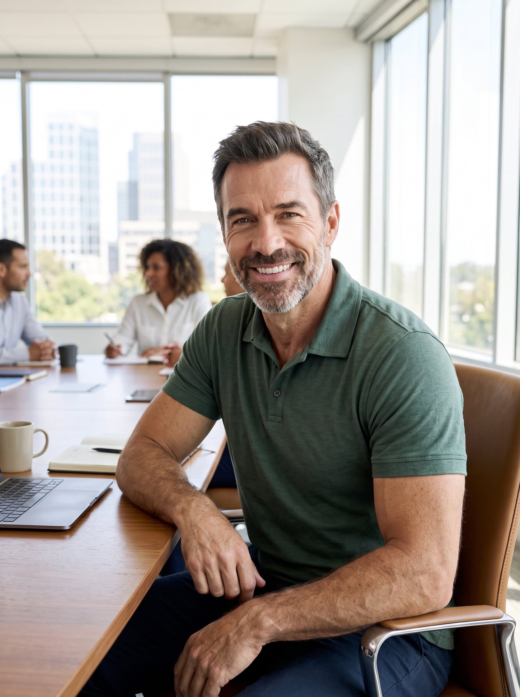 Display a in a casual green polo shirt, seated in a contemporary boardroom, expressing warmth and reliability.