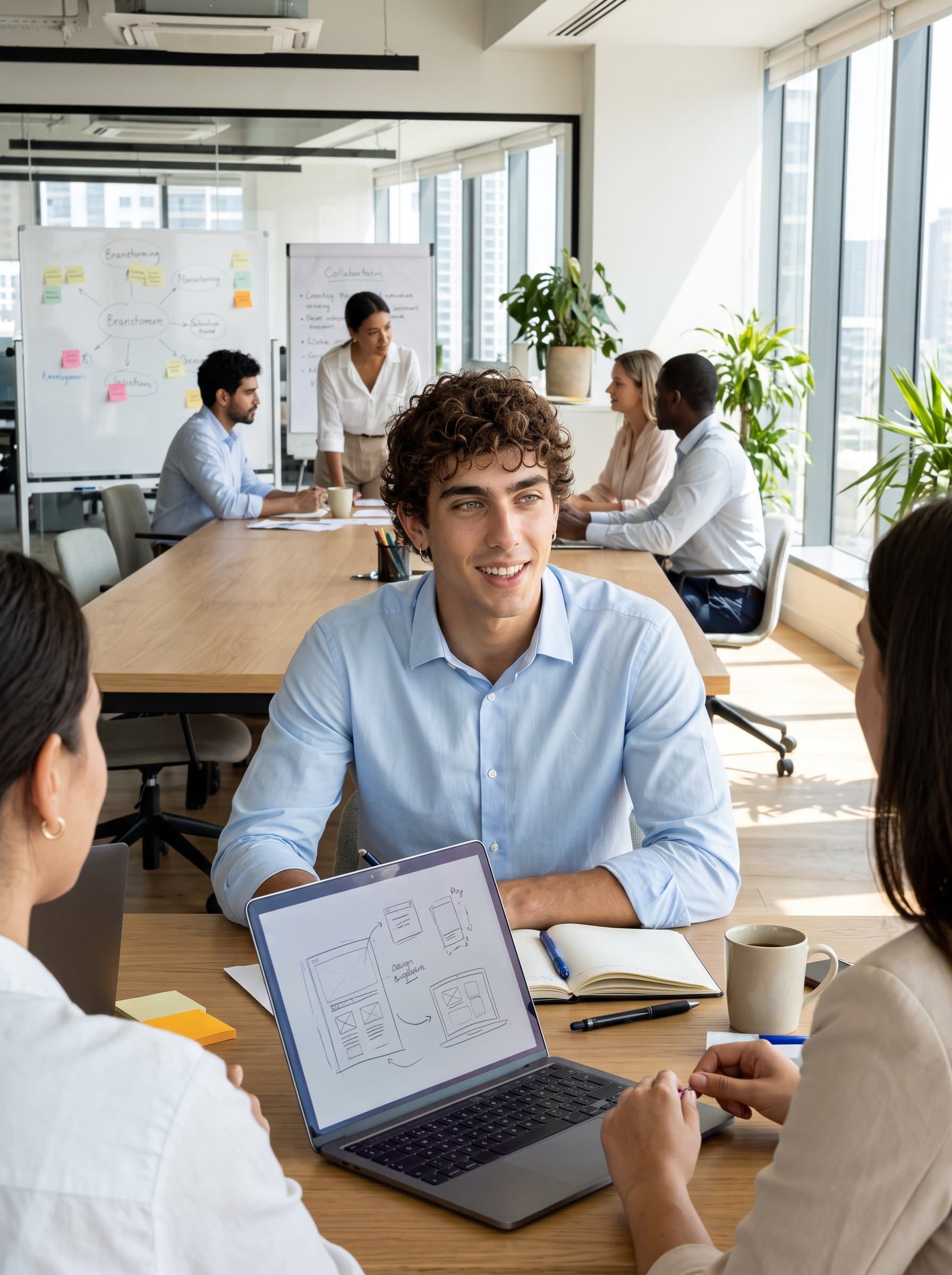 A with a gentle smile in a modern open office space, wearing a light blue shirt, embodying creativity and collaboration.