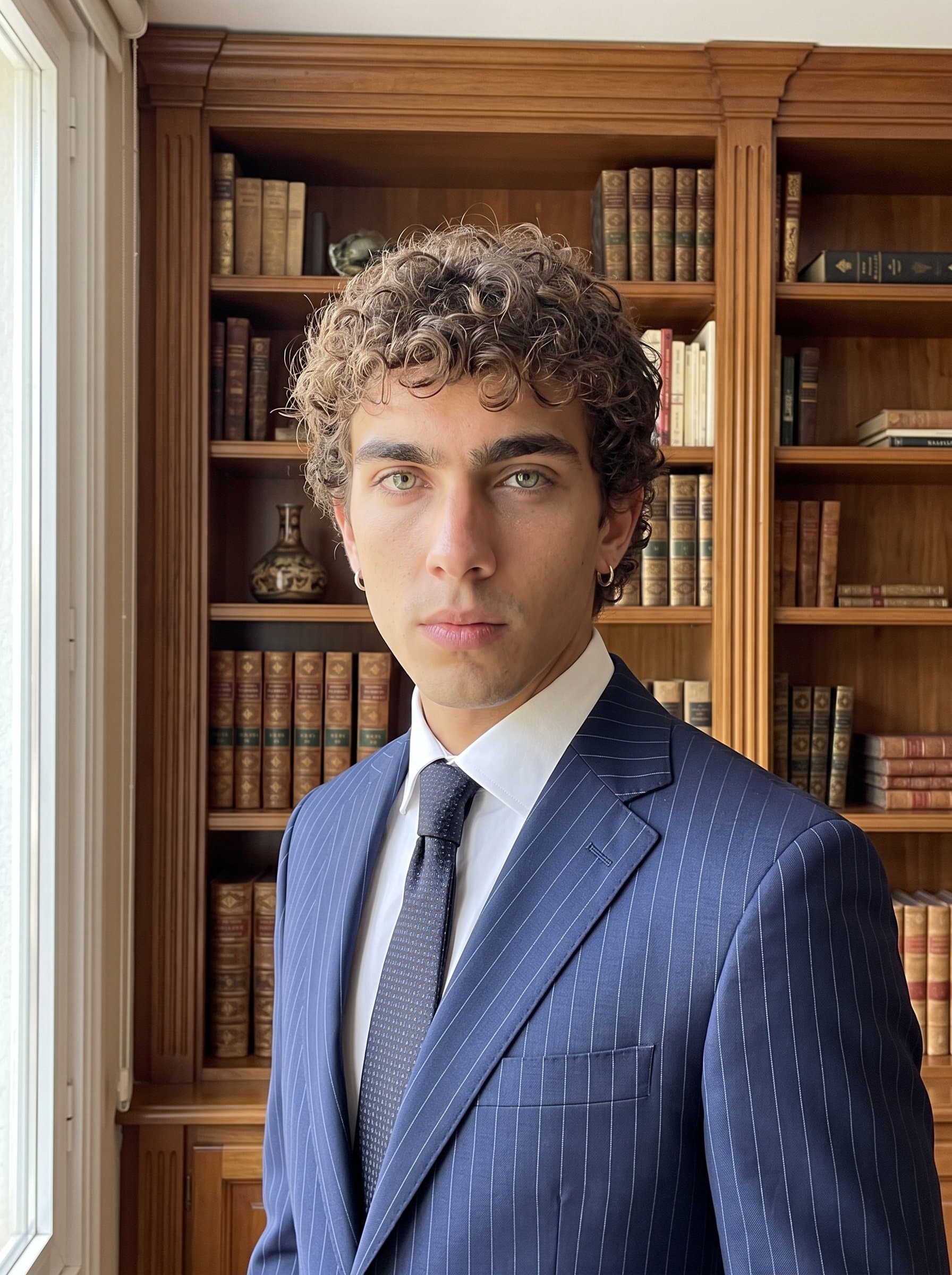 Capture a with a confident gaze, wearing a pinstriped suit, set against a classic wooden bookcase backdrop.