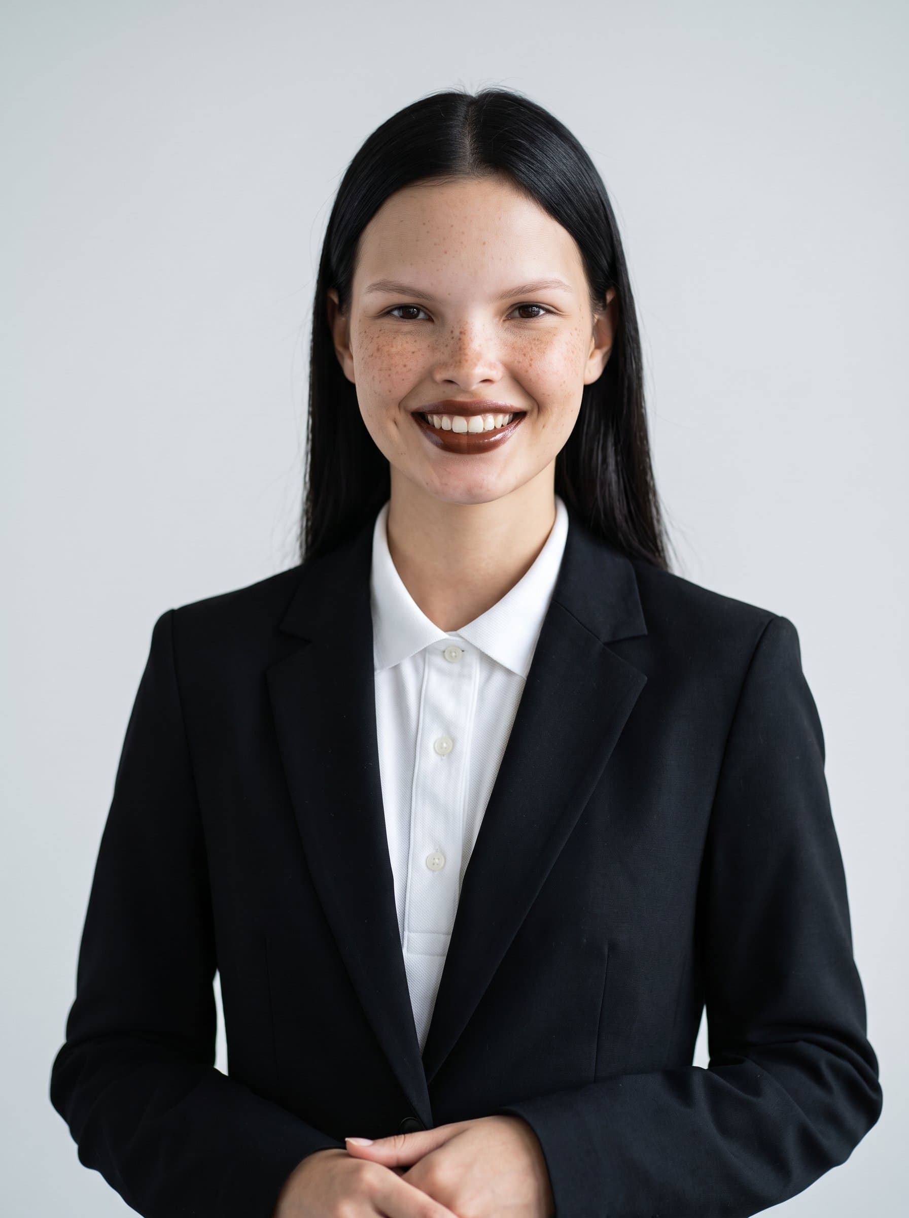 Capture a wearing a sleek black blazer, set against a minimalist gray backdrop, exuding professionalism and approachability, ideal for corporate environments.