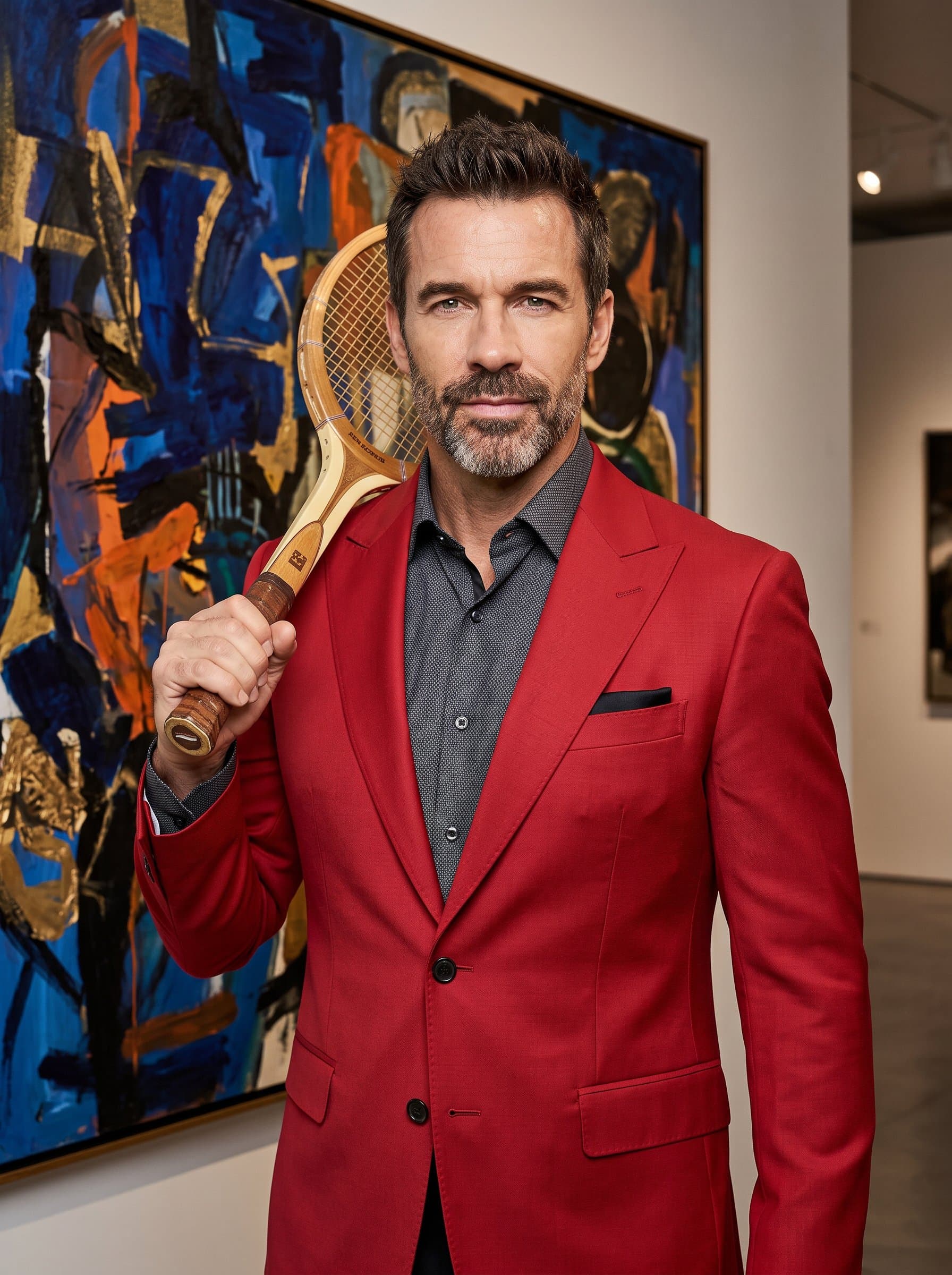 Highlight a wearing a crisp red blazer, positioned in front of an abstract art piece, to illustrate boldness and originality.