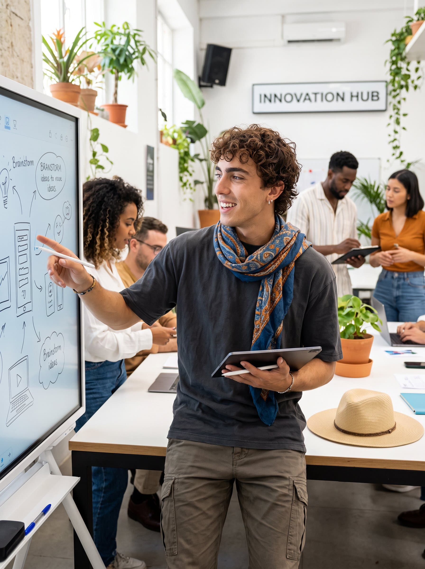 Present a with a dynamic pose, wearing a patterned scarf, set in a vibrant co-working space to emphasize innovation.