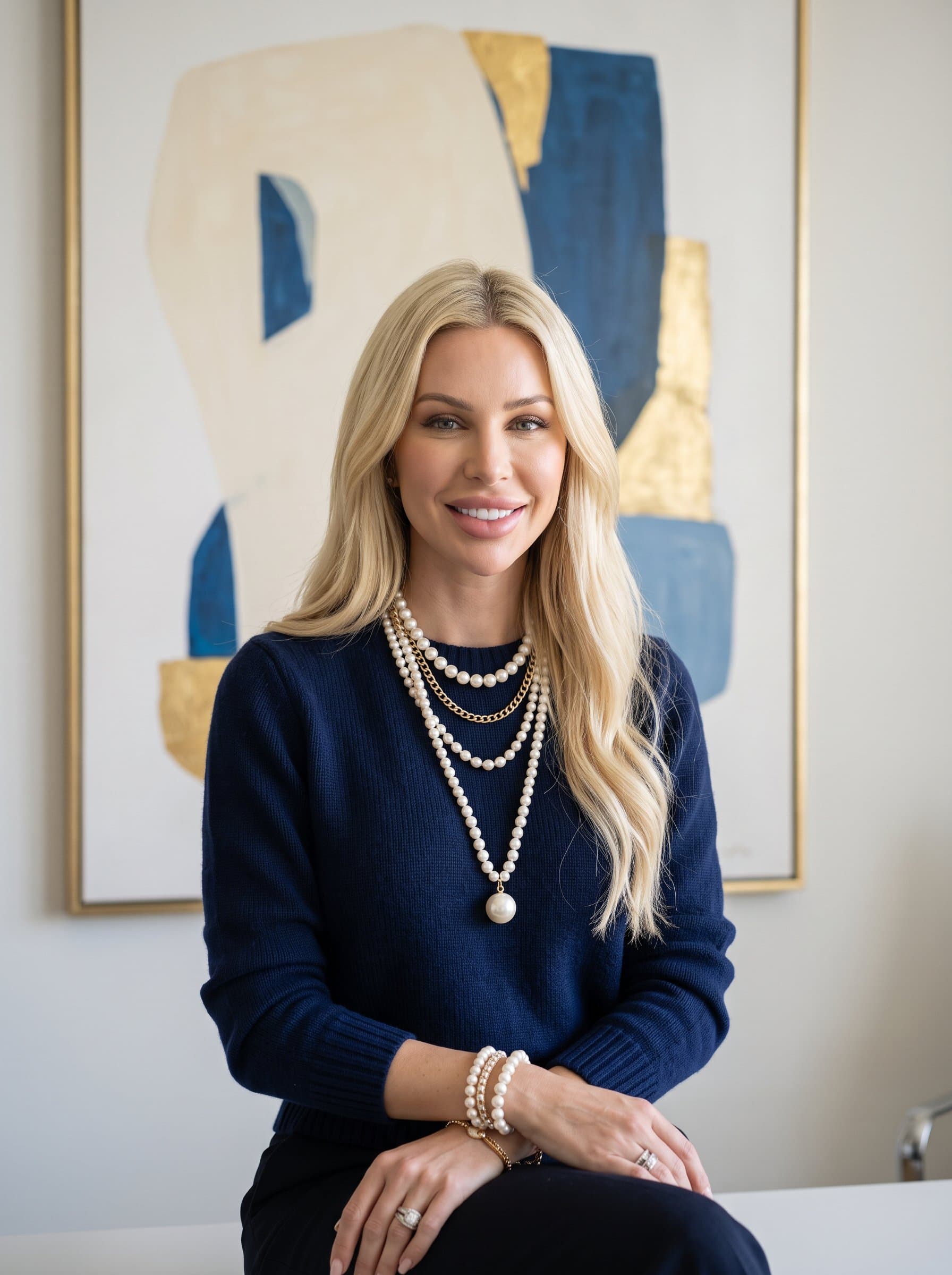 Capture a in a navy sweater, with a clean abstract painting behind, showcasing a balance of professionalism and personality.
