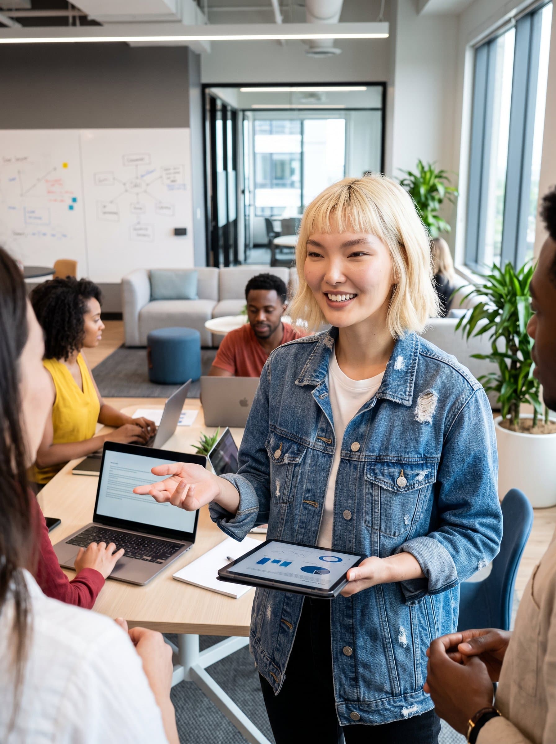 Illustrate a in a comfortable denim jacket, standing in an open office lounge, showcasing flexibility and modern thinking.