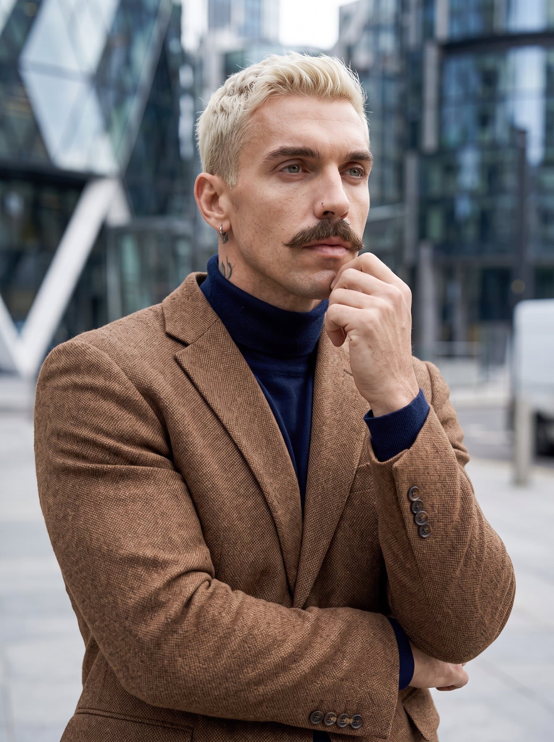 Illustrate a in a tailored brown jacket, with a thoughtful expression, set against a backdrop of modern architecture.