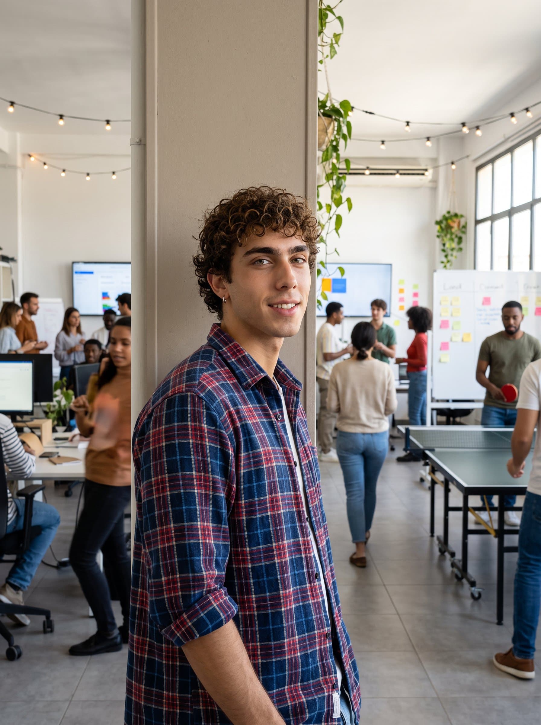 Showcase a with a relaxed demeanor, wearing a plaid shirt, with a vibrant, bustling office in the background, conveying energy.