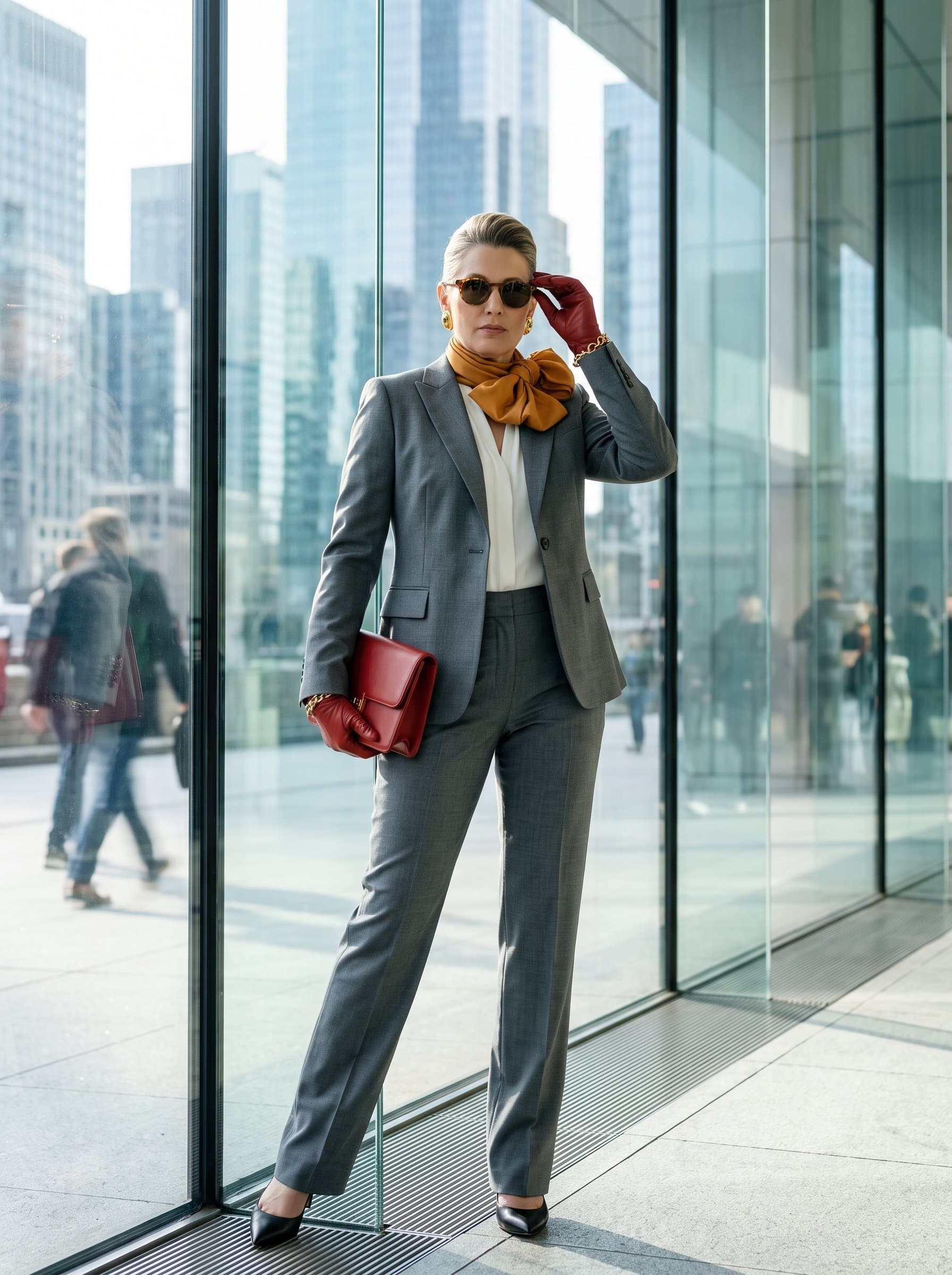 Frame a in a formal gray suit, standing before a glass wall, with natural light creating a fresh, dynamic impression.