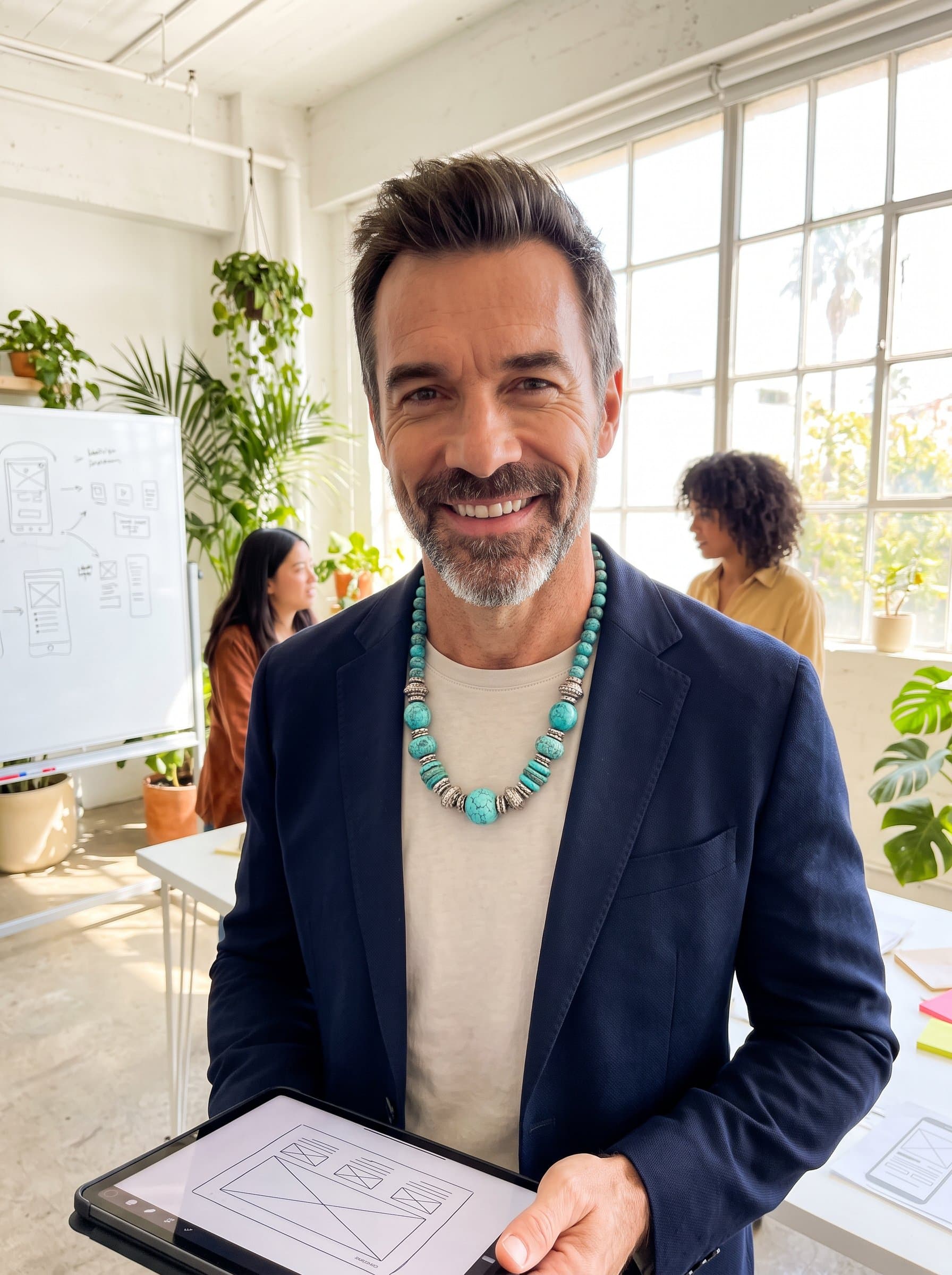 Portray a with an engaging expression, wearing a statement necklace, set in a bright, airy workspace, for a creative agency.