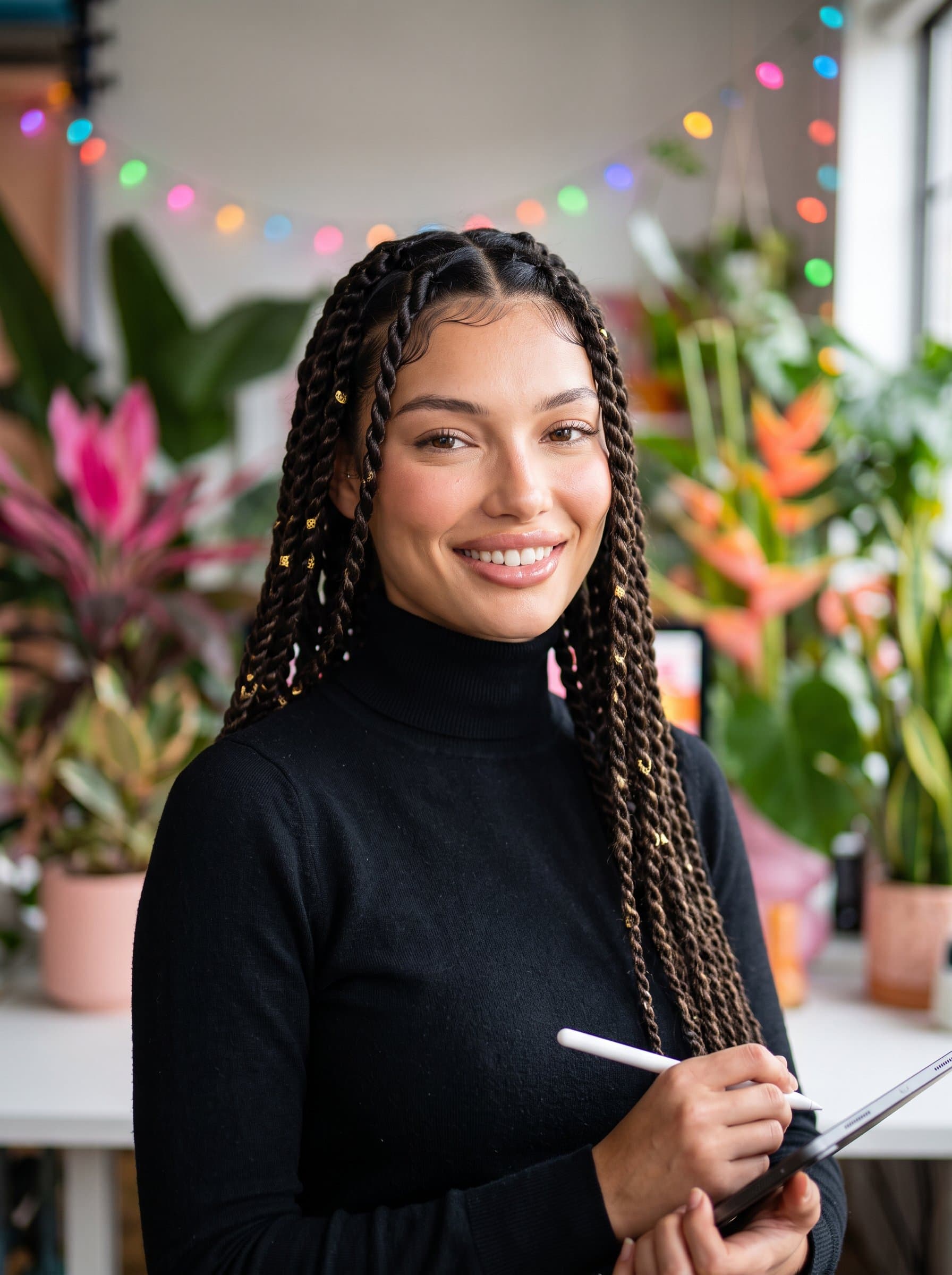 Depict a in a sleek black turtleneck, with a soft bokeh background of colorful office plants, suggesting creativity.
