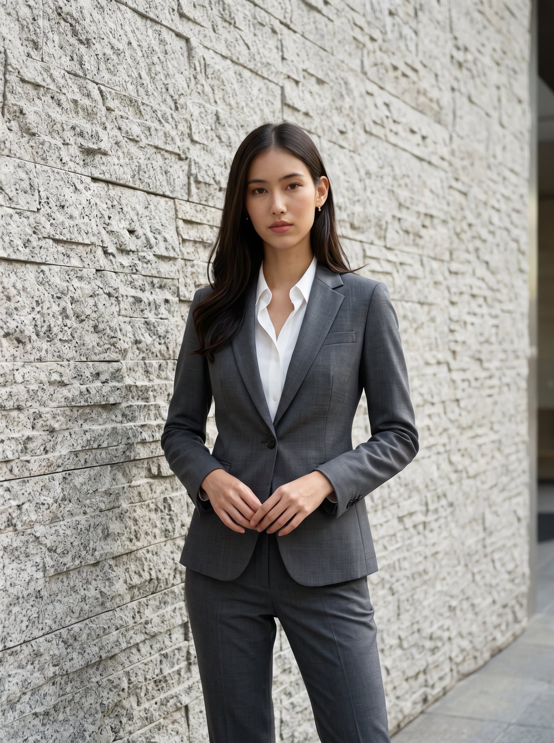 Create a with a neutral expression, wearing a fitted charcoal suit, against a textured stone wall, perfect for corporate branding.