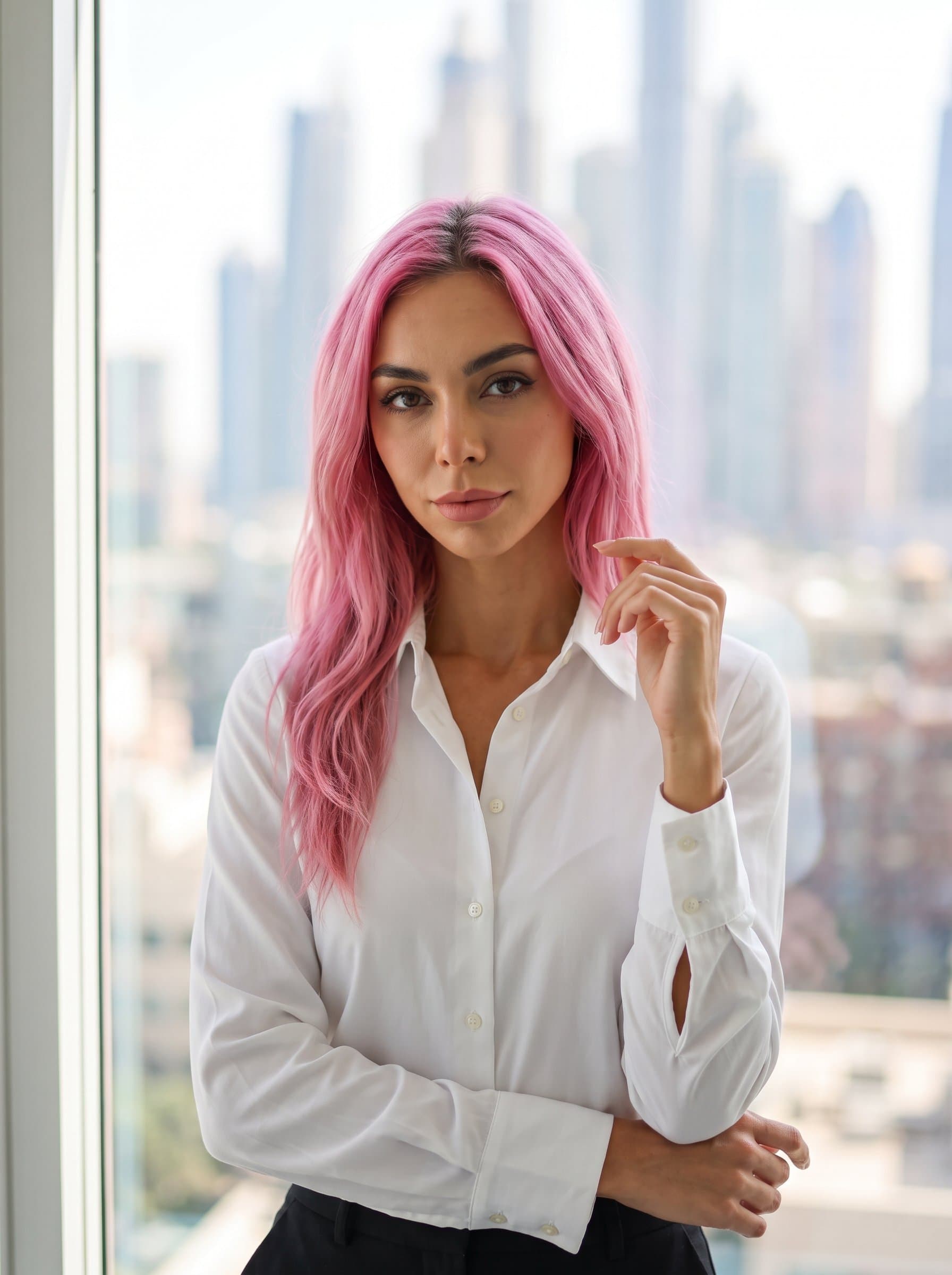 Show a in a classic white button-up, framed by soft natural lighting and a blurred cityscape background, conveying competence and confidence.