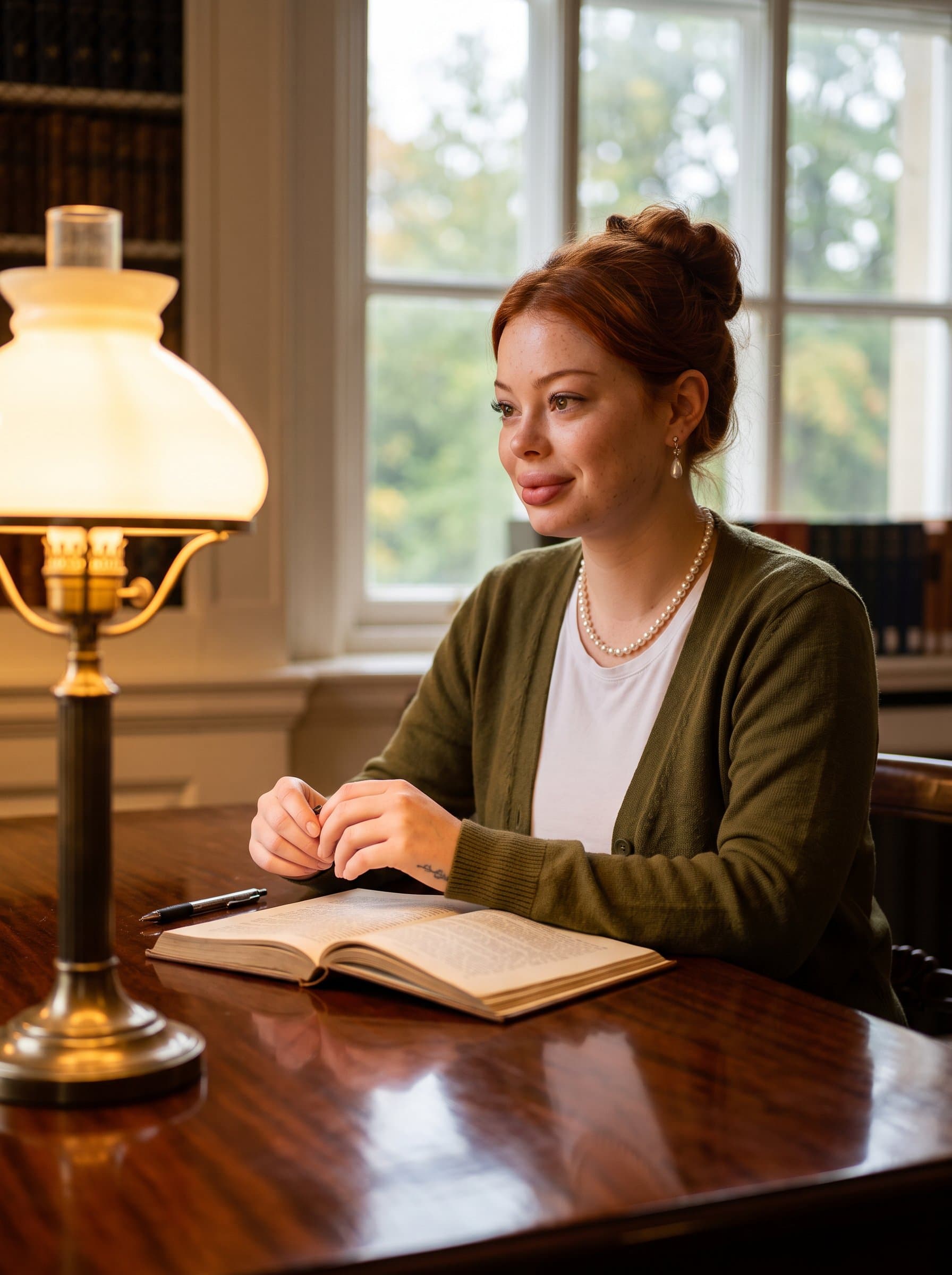 Photograph a in an olive green cardigan, sitting at a polished desk, under soft lighting, to project warmth and intelligence.