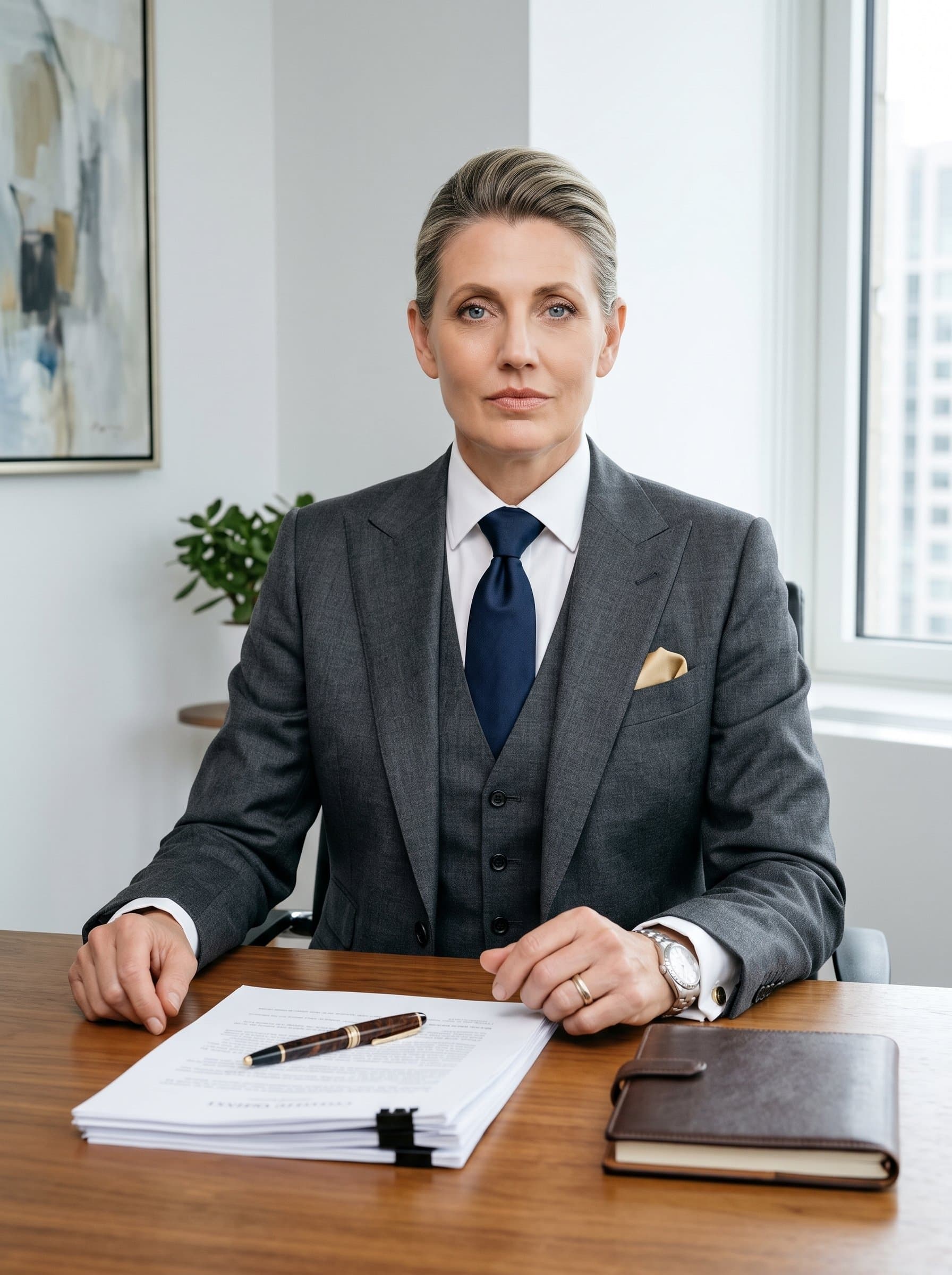 Present a in a classic tailored suit, seated confidently in a minimalist office corner, to emphasize dependability.