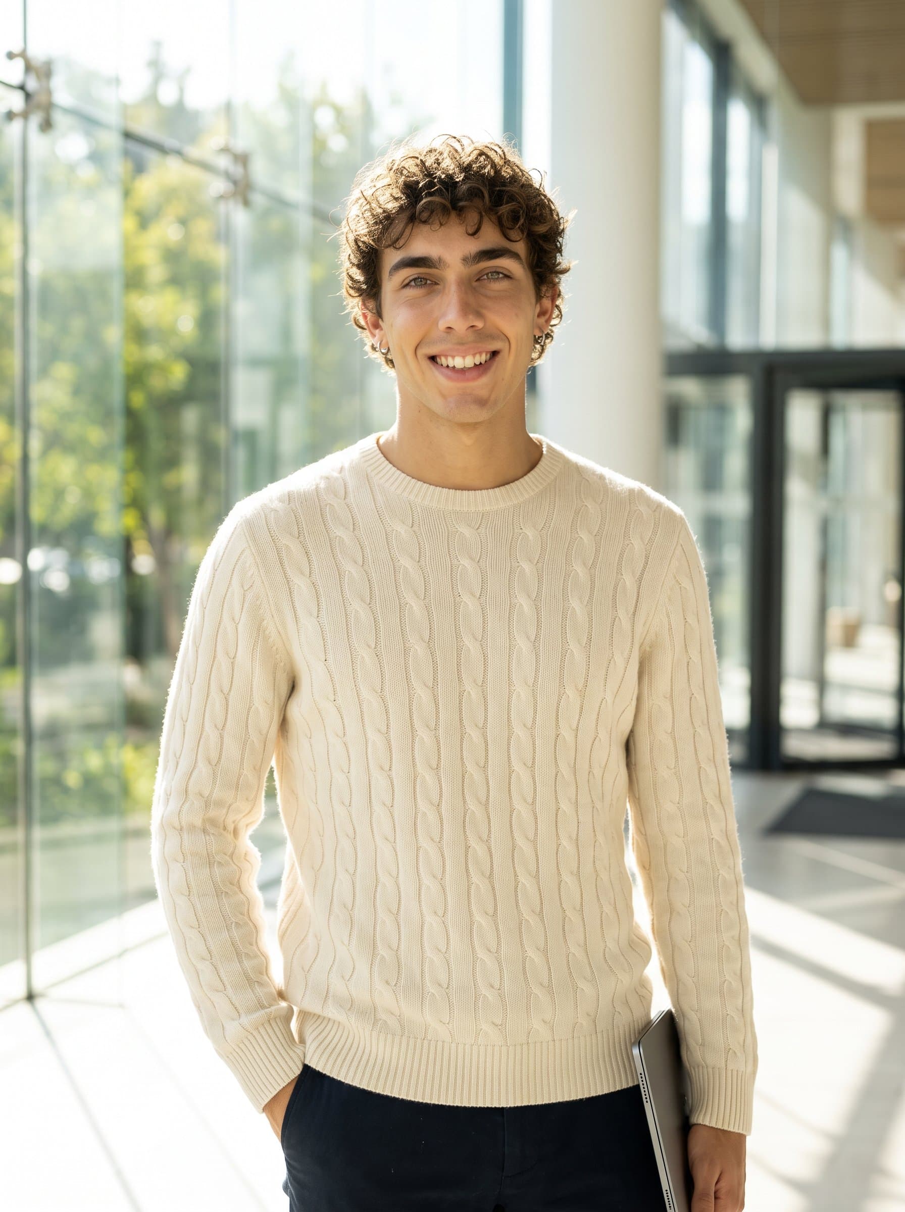 Visualize a in an elegant cream sweater, standing in a sunlit modern lobby, exuding trust and approachability.
