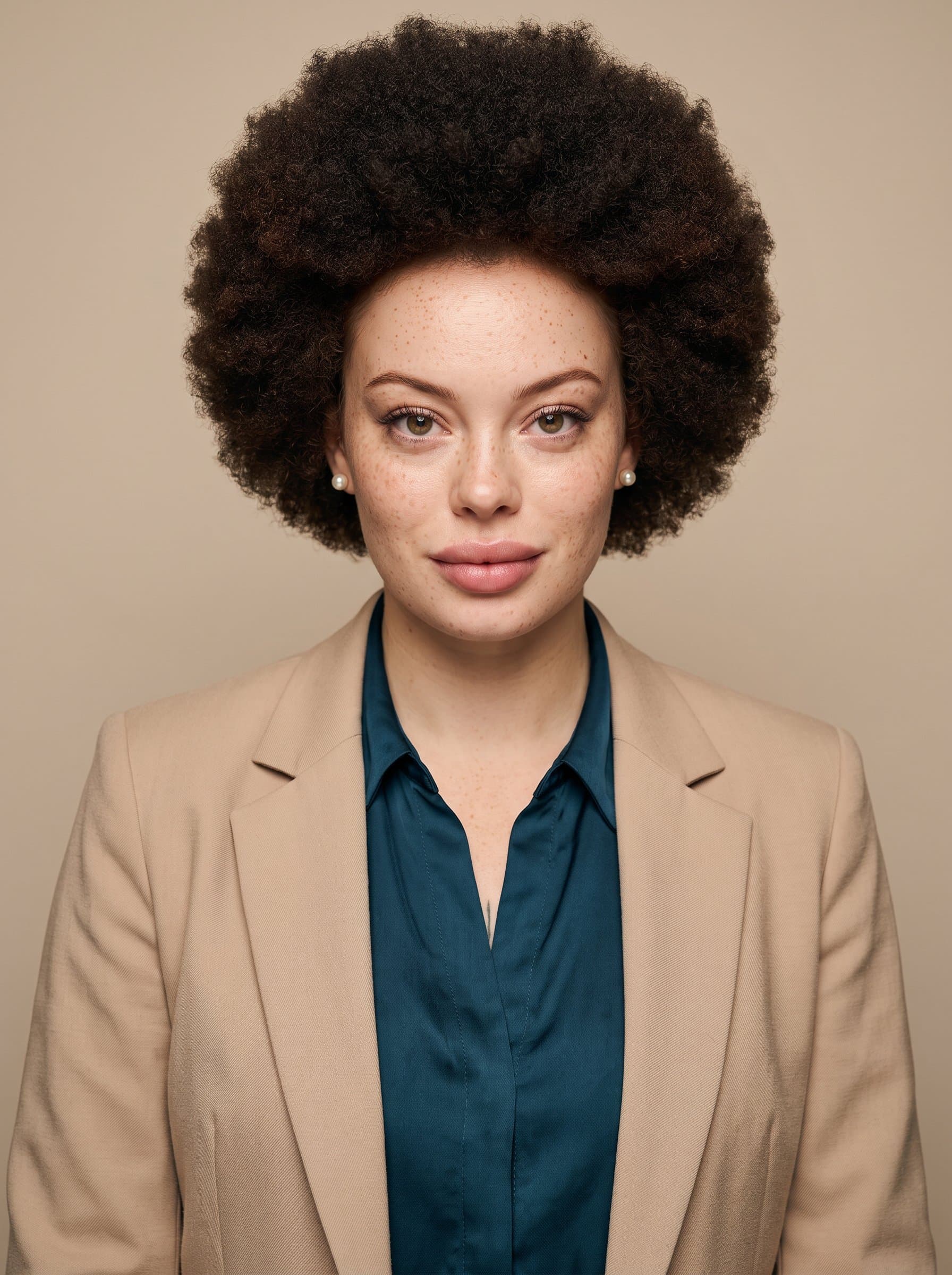 woman with natural afro hairstyle and smart-casual dress, exuding confidence and intelligence. Posed against a neutral beige backdrop for a modern, inclusive aesthetic. Crystal clear focus on the face.
