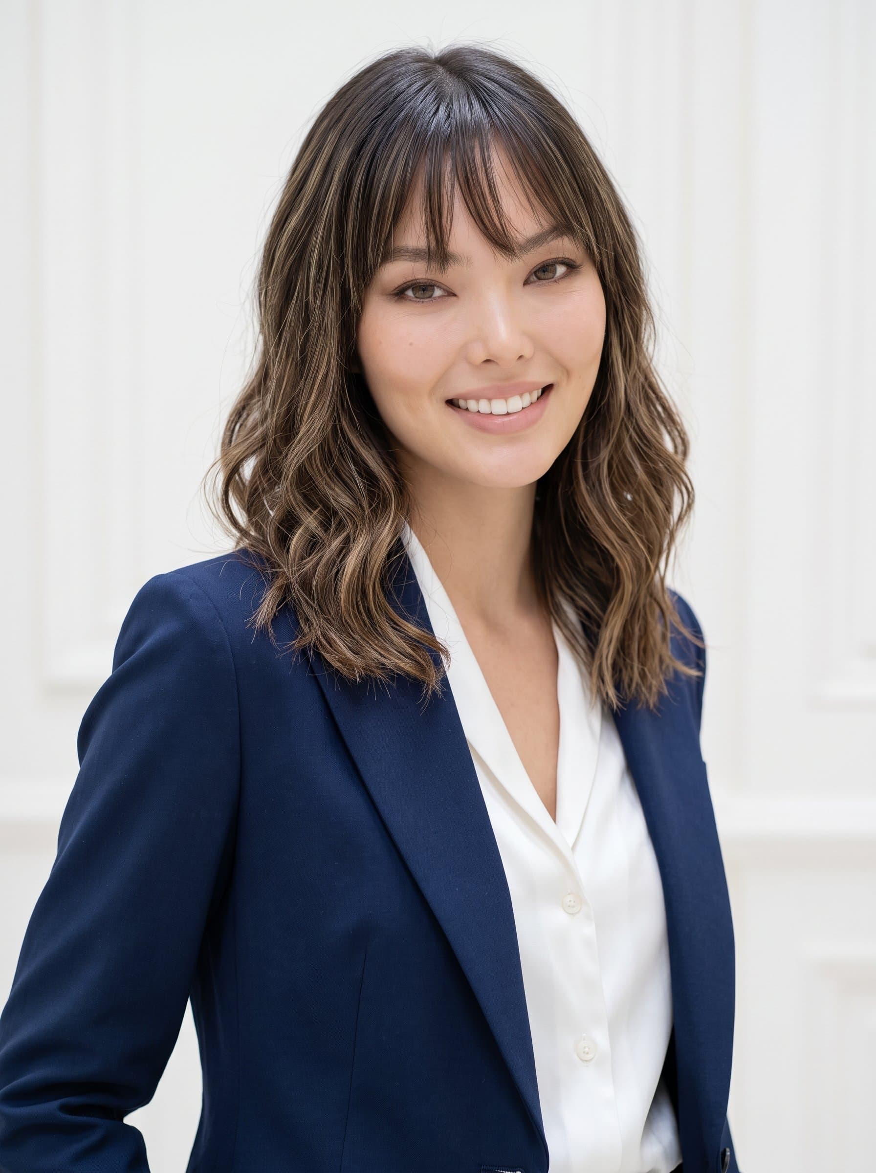 professional with medium-length wavy hair, dressed in a trendy, tailored suit jacket. Soft white background, presenting an air of sophistication and reliability, with an engaging smile.