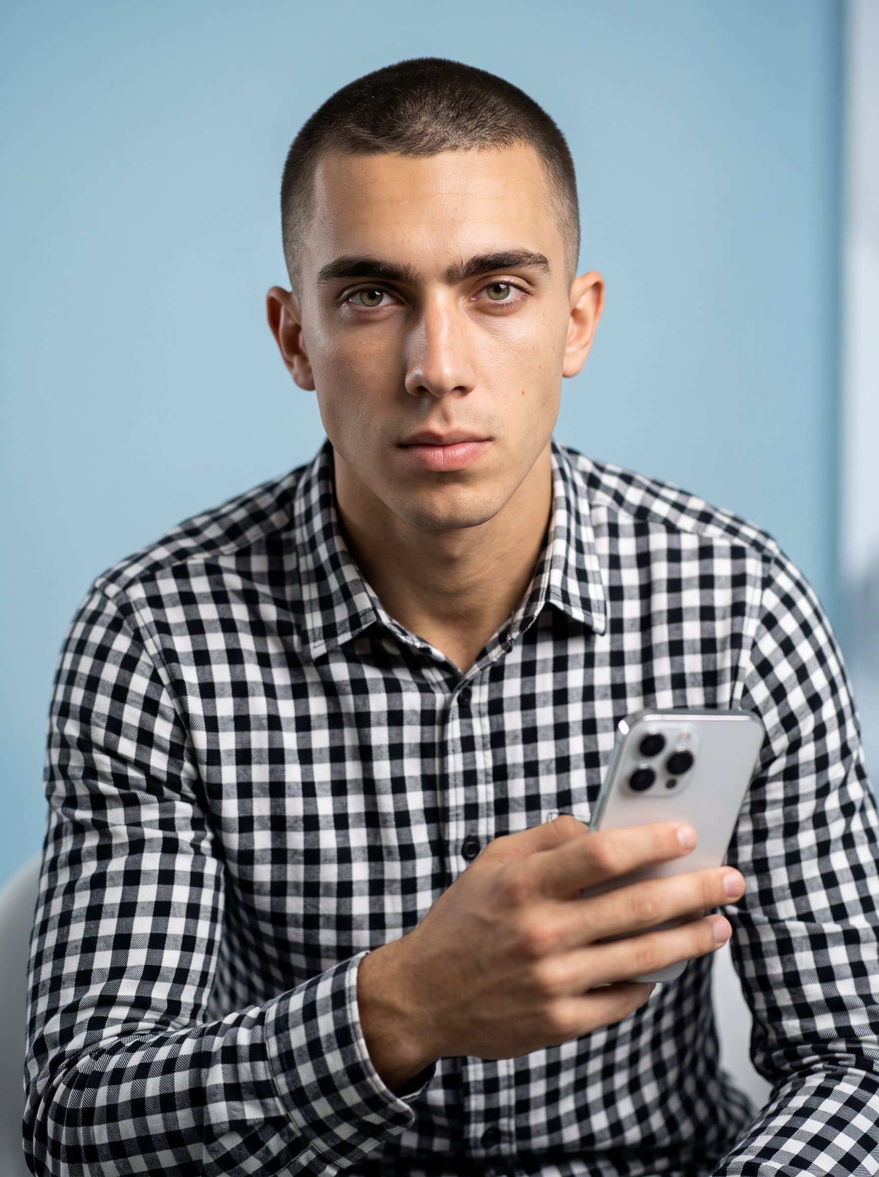 man with a clean-shaven face and buzz cut, in a monochrome checkered shirt. Subtle sky blue background, projecting an innovative spirit and technical expertise in sharp detail.