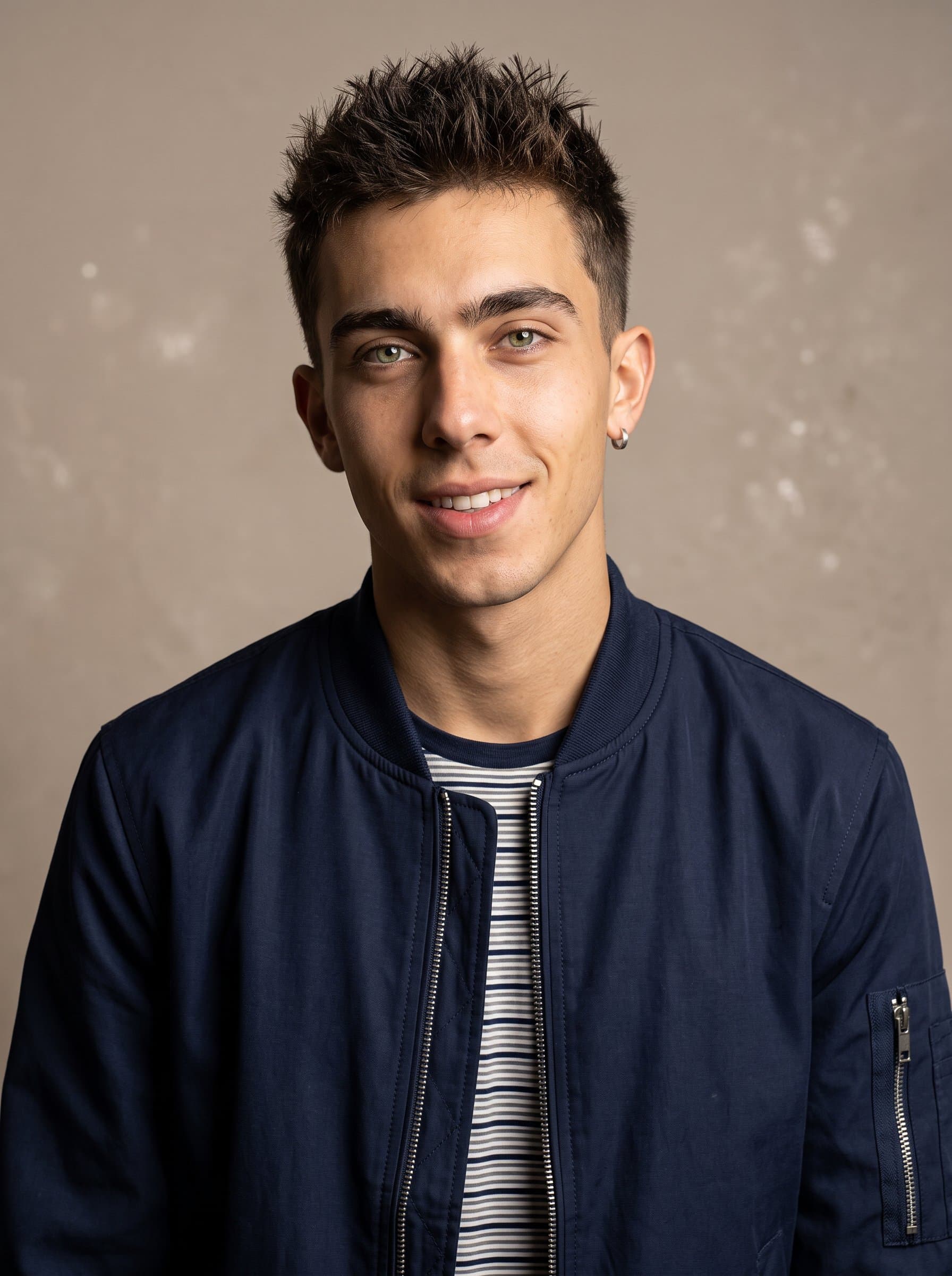 team player with short, spiky hair, wearing a fashionable jacket. Neutral light brown background, capturing a sense of energy and forward-thinking, with high-definition facial features.