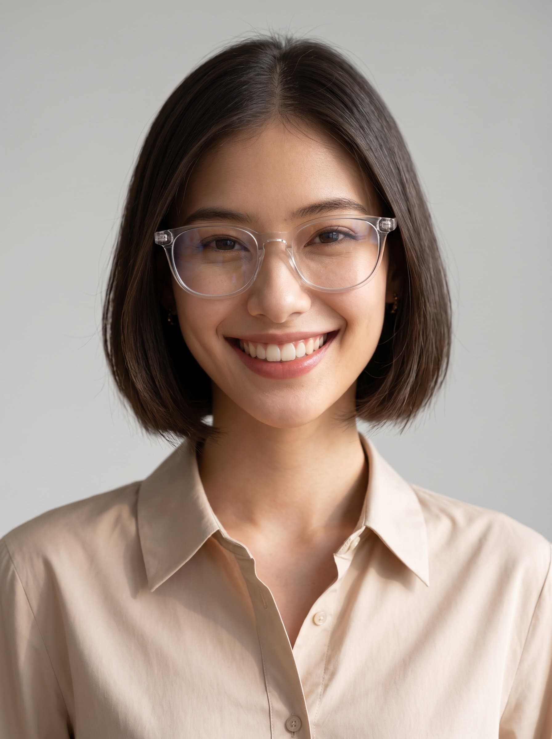 young professional with short hair and glasses, smiling confidently. Neutral background, business casual attire. Well-lit with focus on face, reflecting a friendly and innovative team player. Photorealistic.